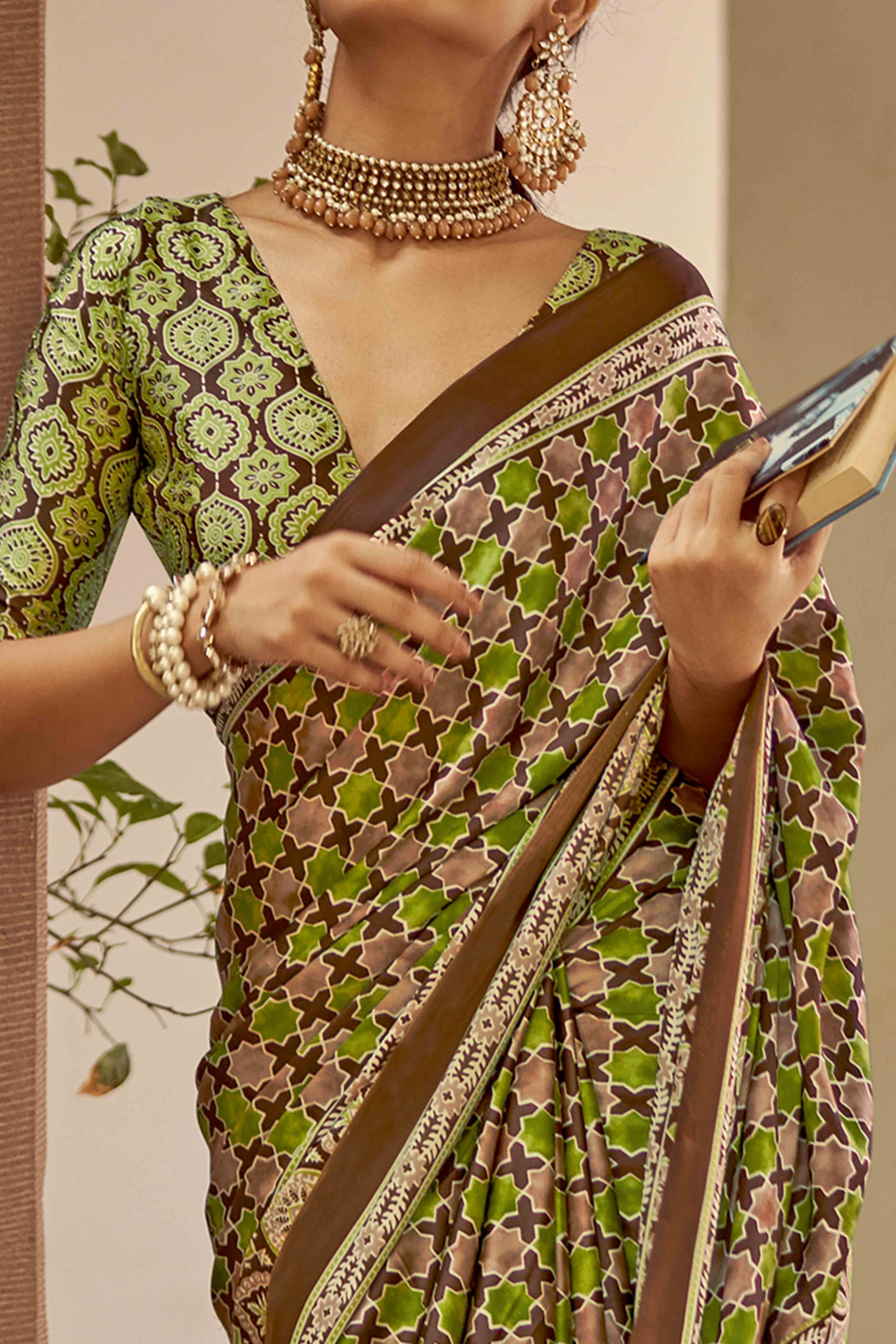Green Geometric Ajrakh Printed Satin Saree With Tassels