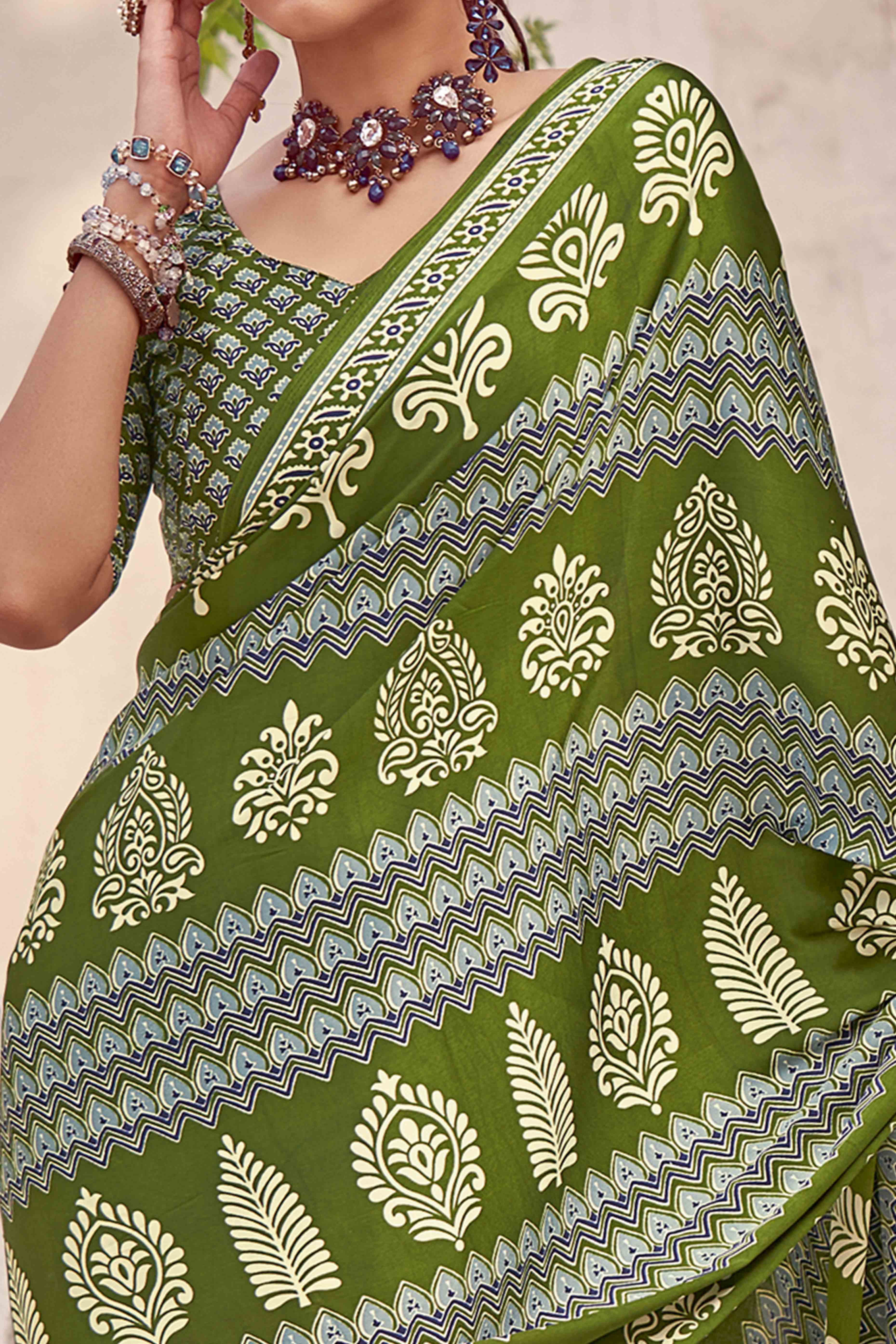 Green Floral Ajrakh Printed Satin Saree With Tassels