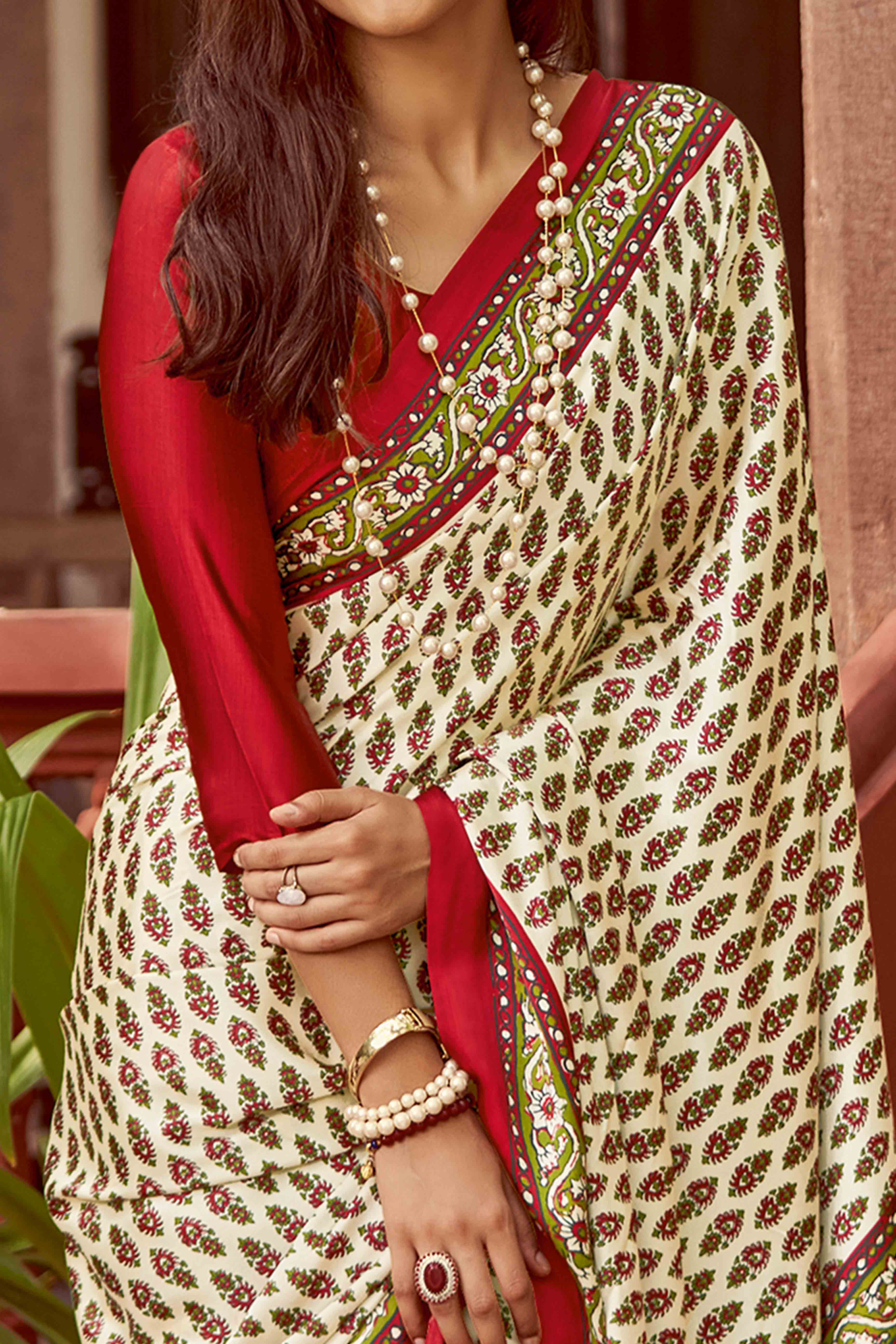 Offwhite & Red Floral Ajrakh Printed Satin Saree With Tassels