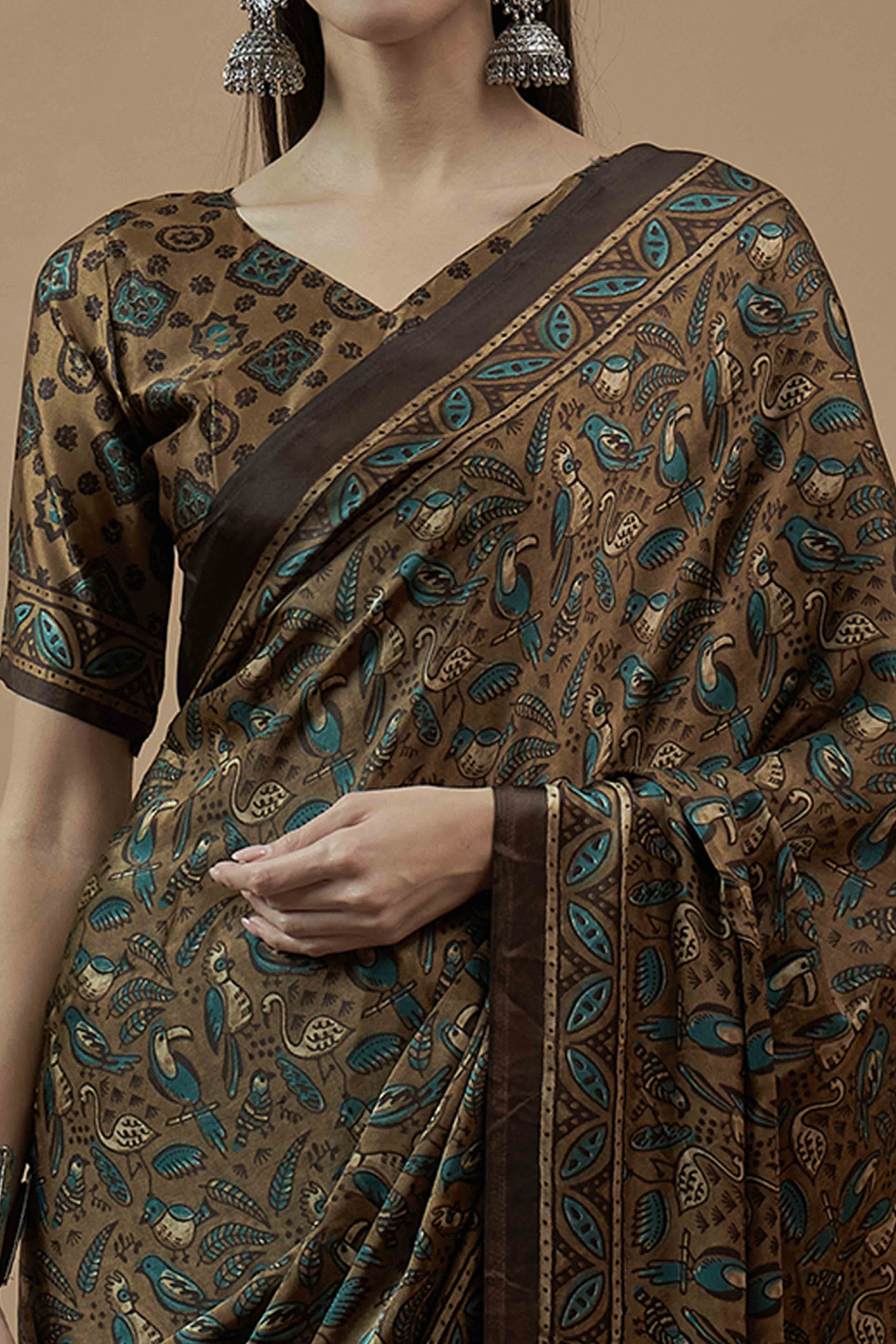 Brown Ajrakh Printed Satin Saree With Tassels