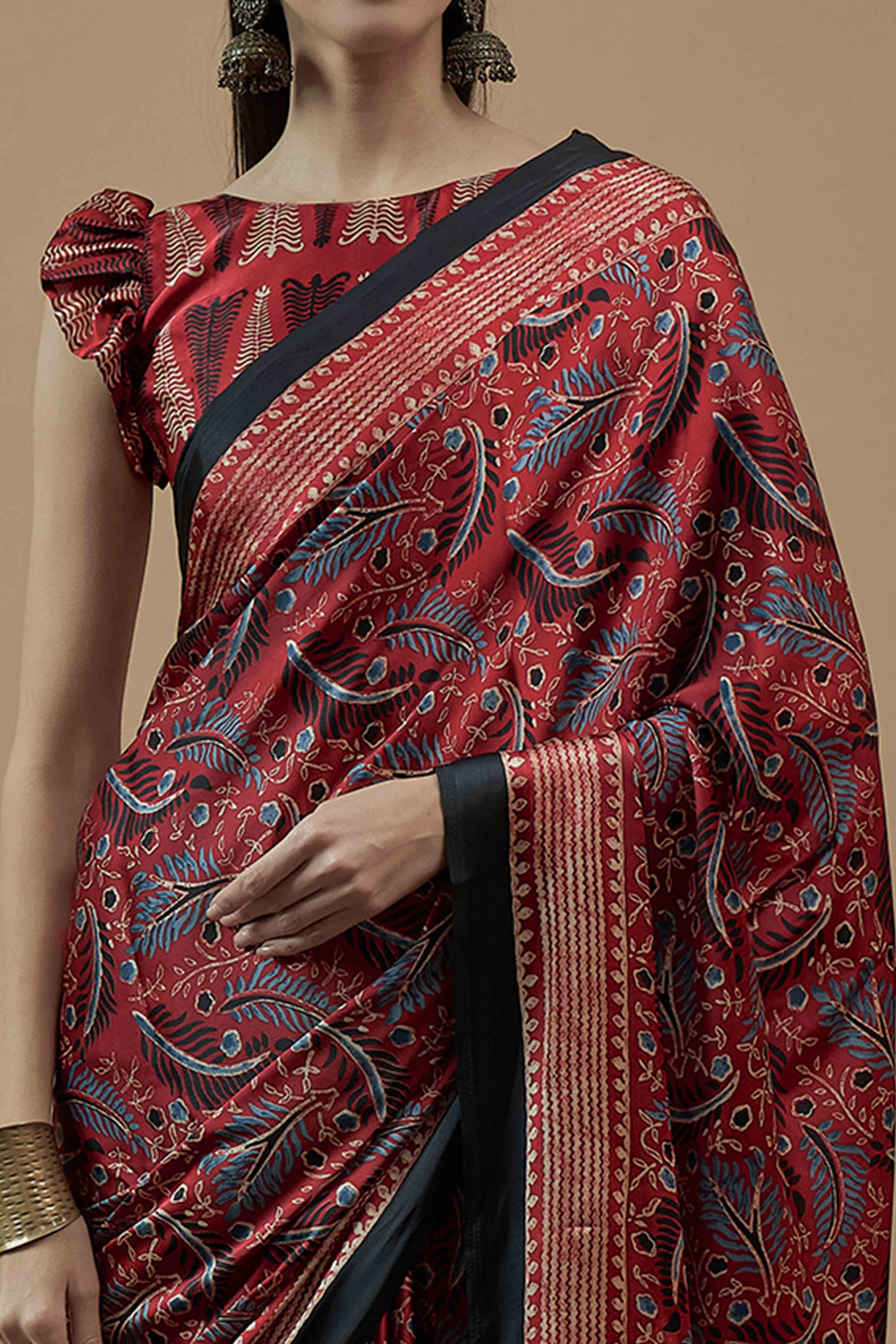 Red Ajrakh Printed Satin Saree With Tassels