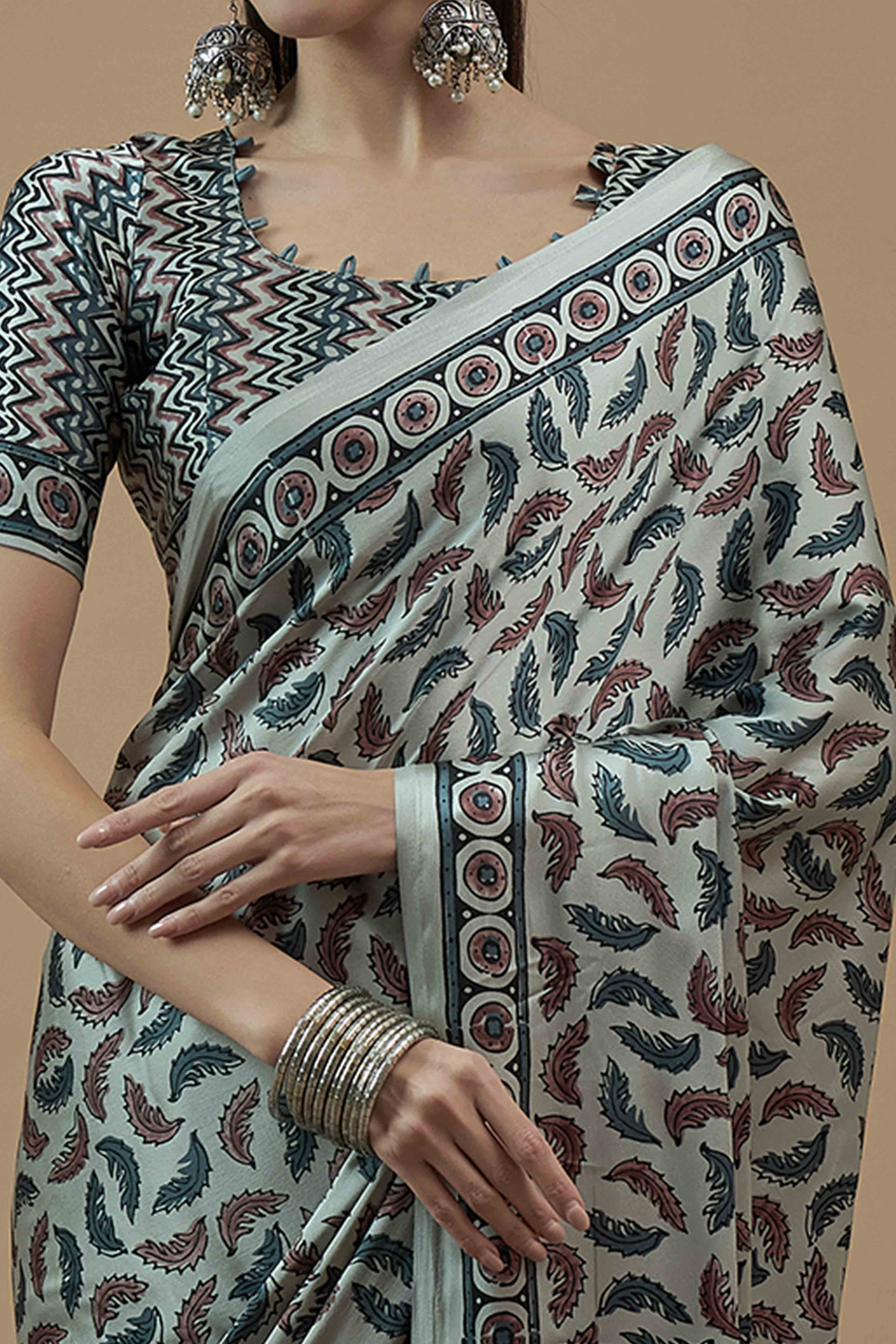 Light Seafoam Blue Ajrakh Printed Satin Saree With Tassels