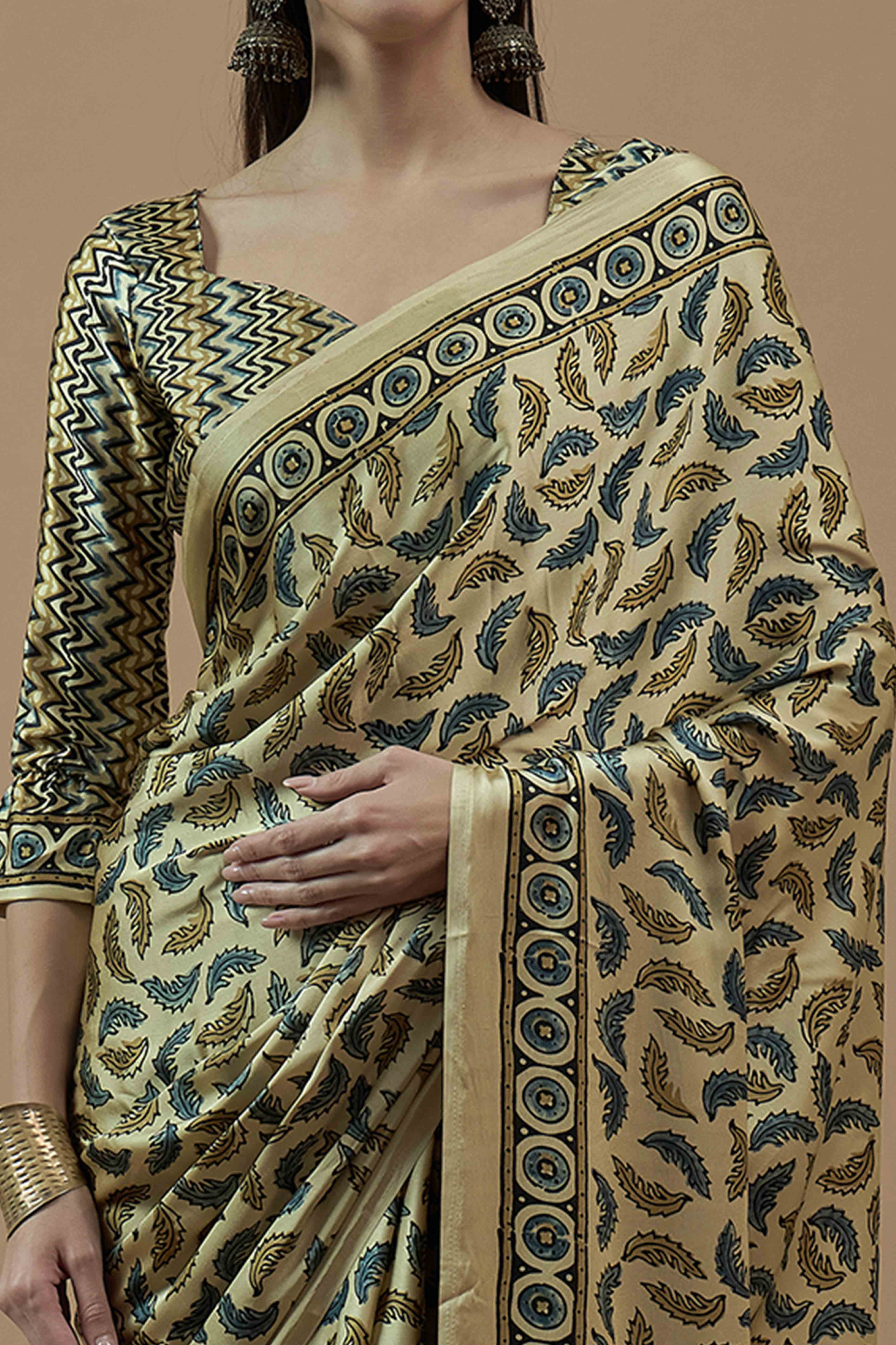 Light Yellow Ajrakh Printed Satin Saree With Tassels