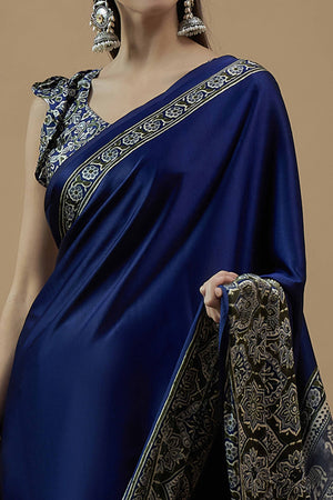 Navy Blue Floral Ajrakh Printed Satin Saree With Tassels
