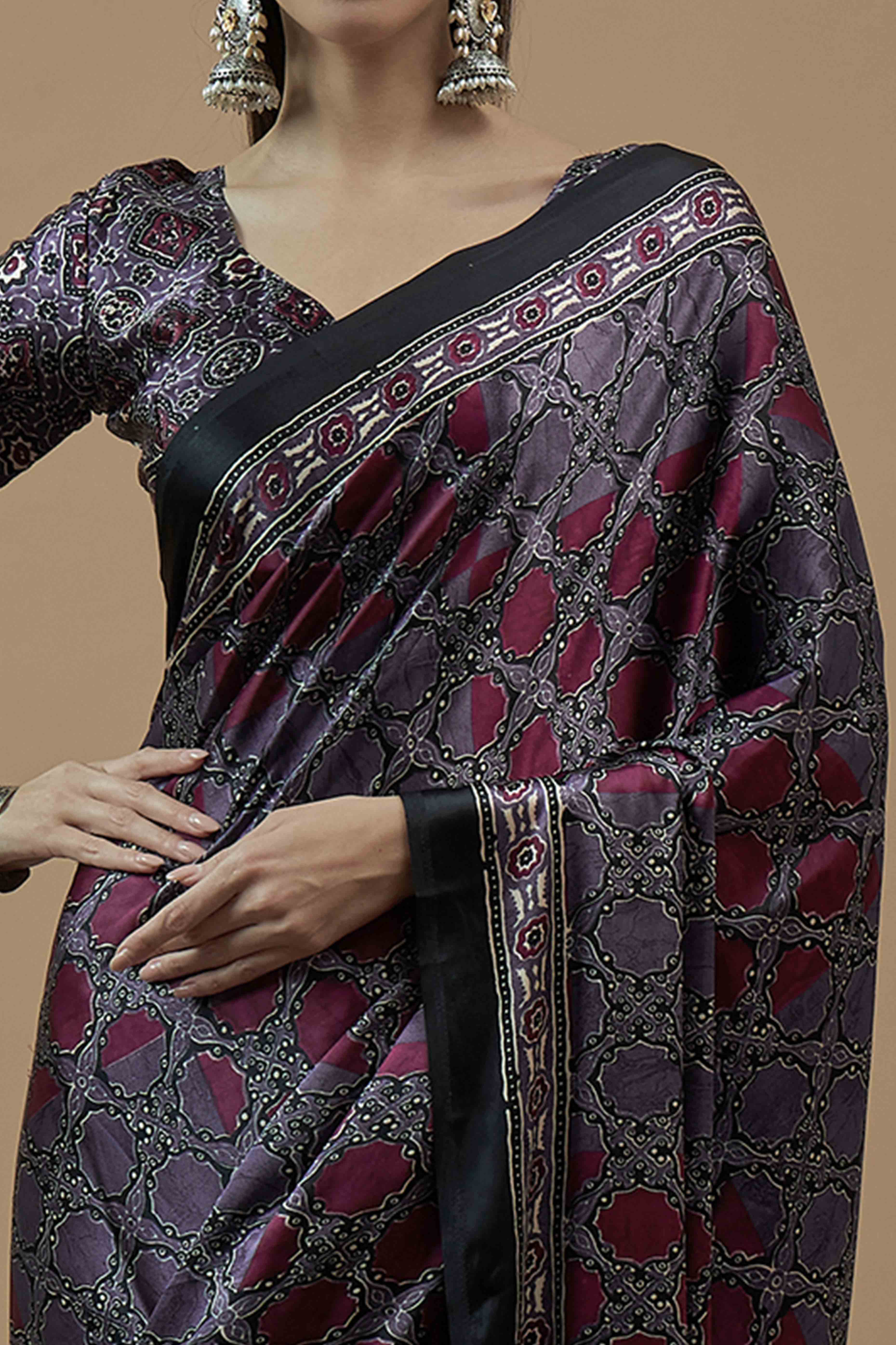 Purple Ajrakh Printed Satin Saree With Tassels