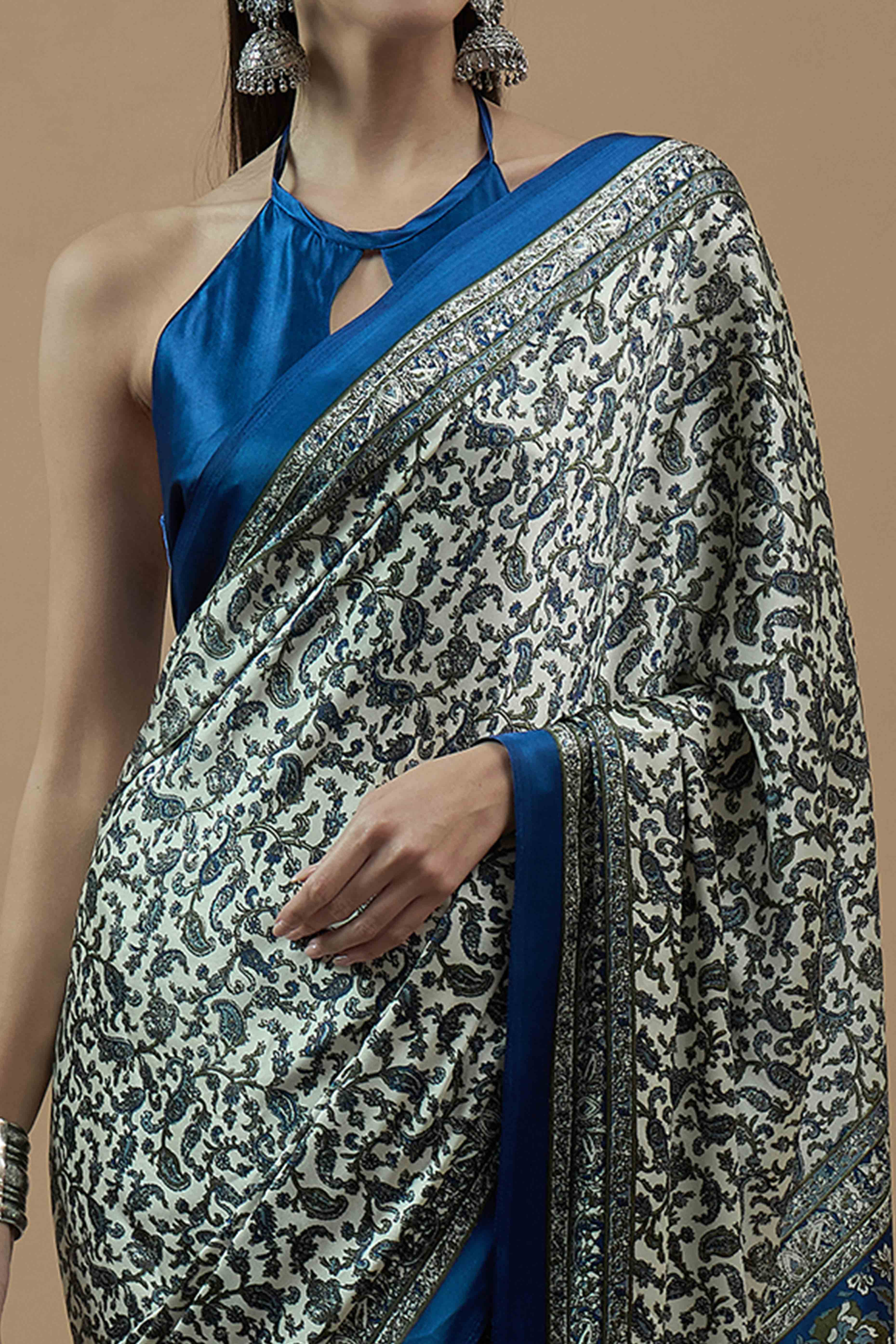 Offwhite & Blue Floral Ajrakh Printed Satin Saree With Tassels