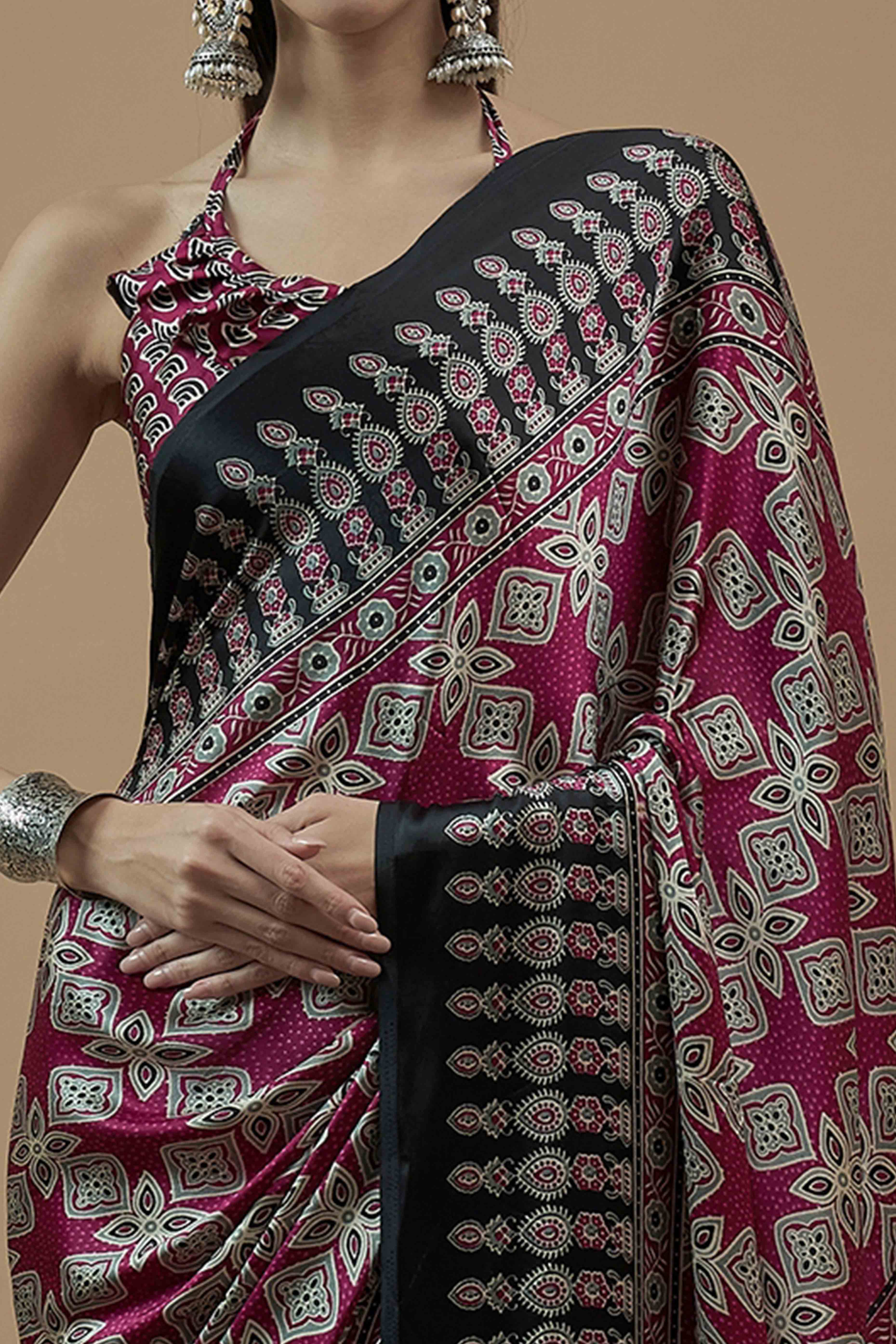 Magenta Floral Ajrakh Printed Satin Saree With Tassels