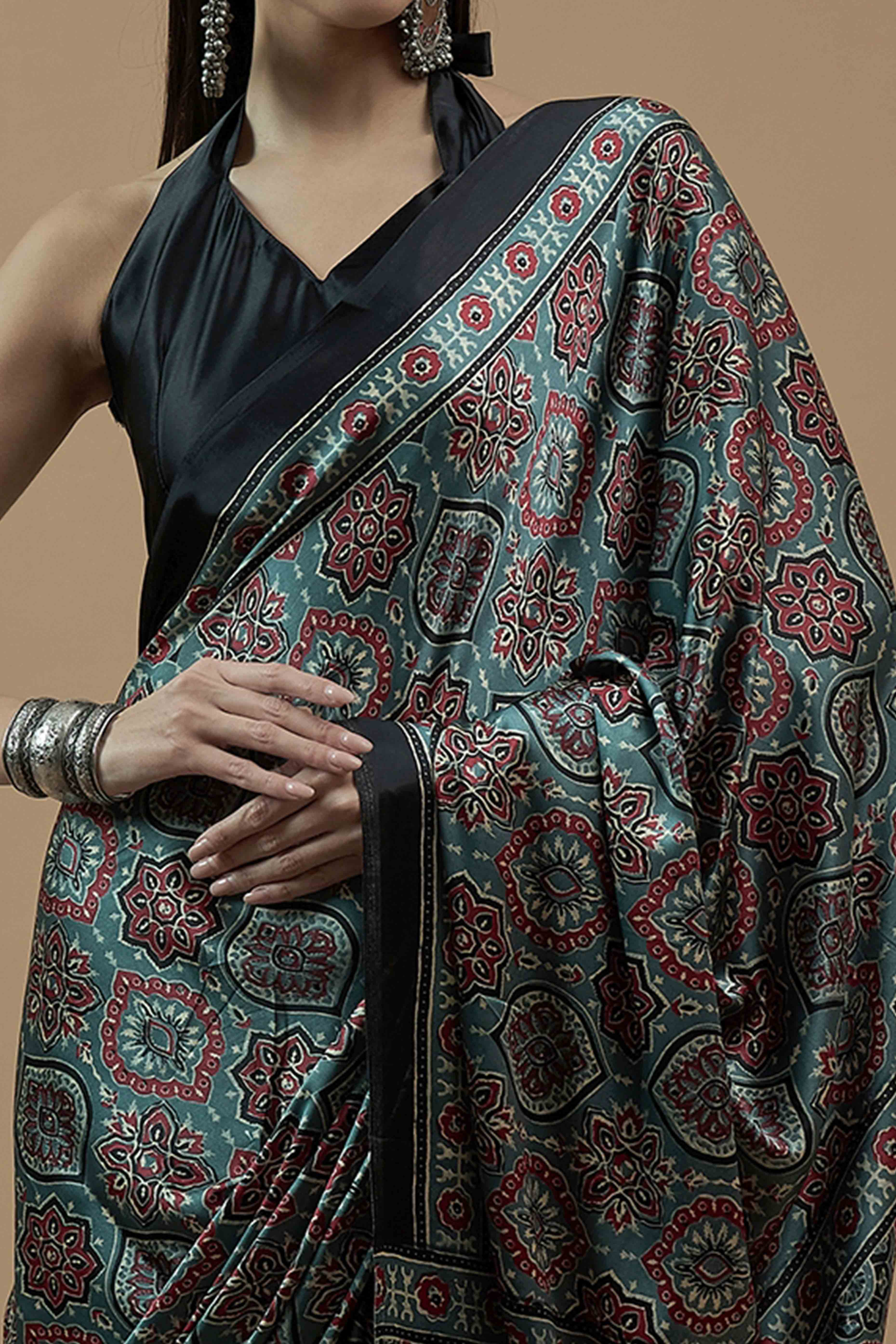 Steel Teal Floral Ajrakh Printed Satin Saree With Tassels