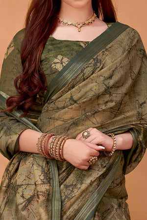 Subtle Green Khadi Saree with Artistic Floral Patterns in Linen Finish