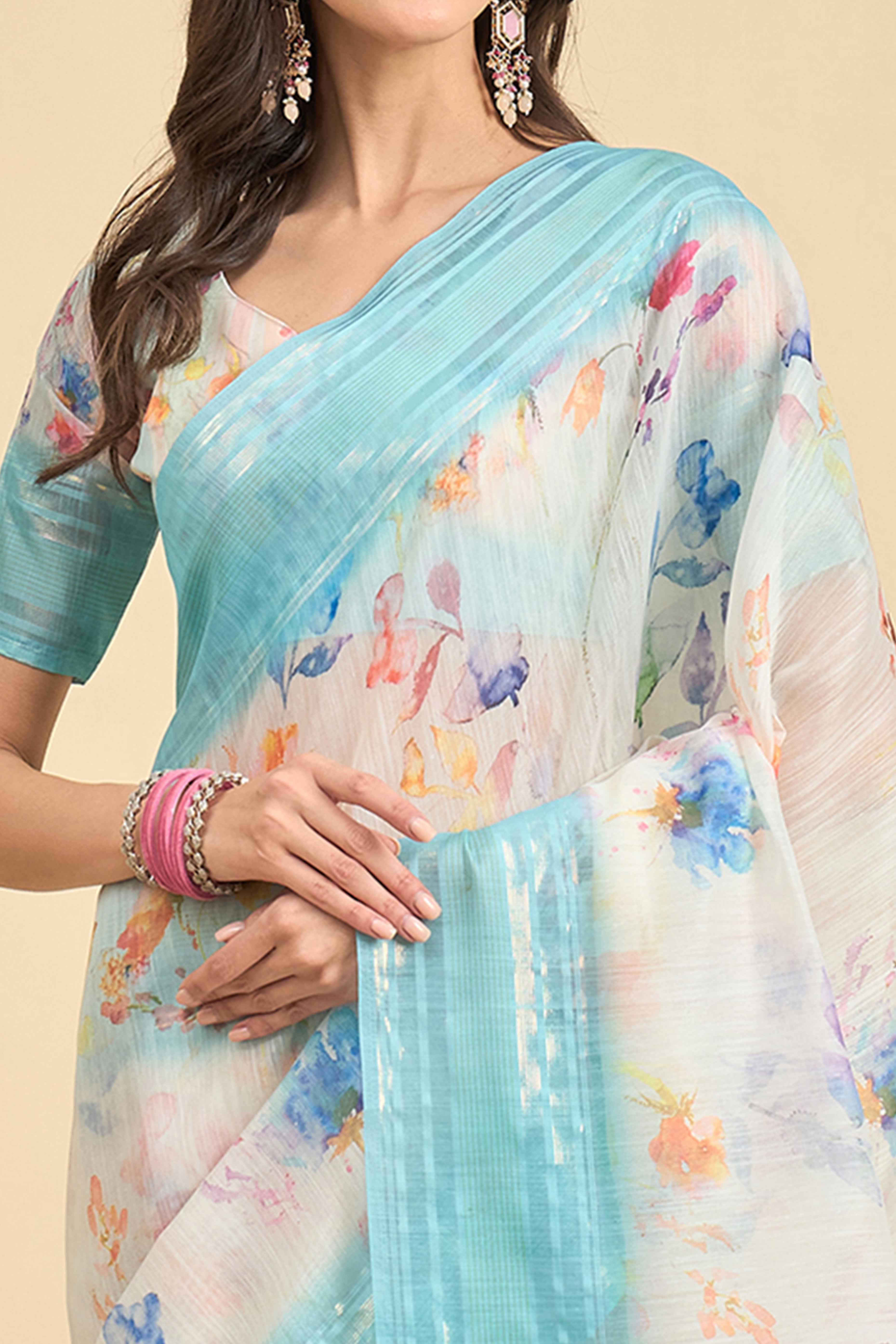 White & Blue Floral Printed Soft Linen Saree