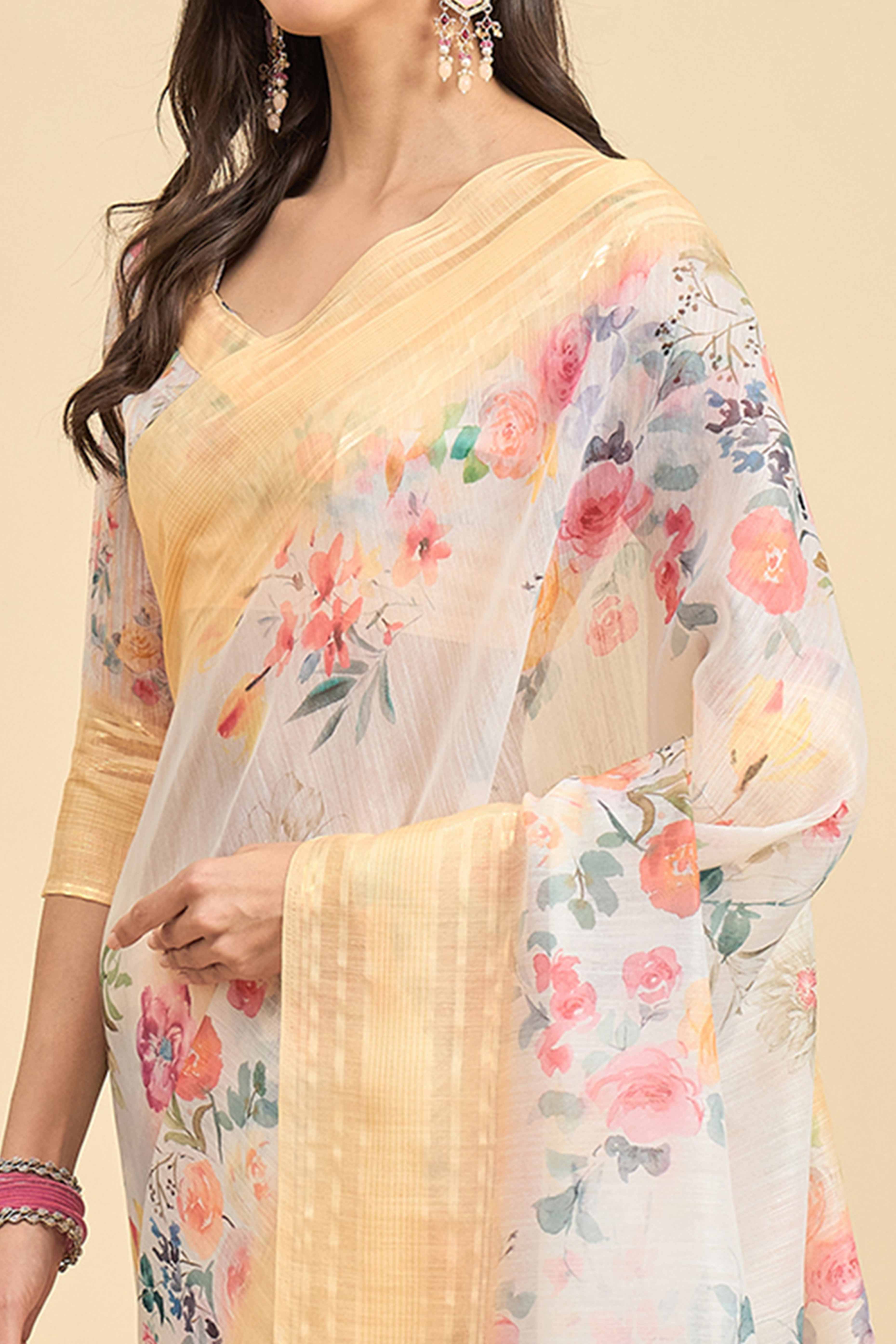 White & Light Yellow Floral Printed Soft Linen Saree