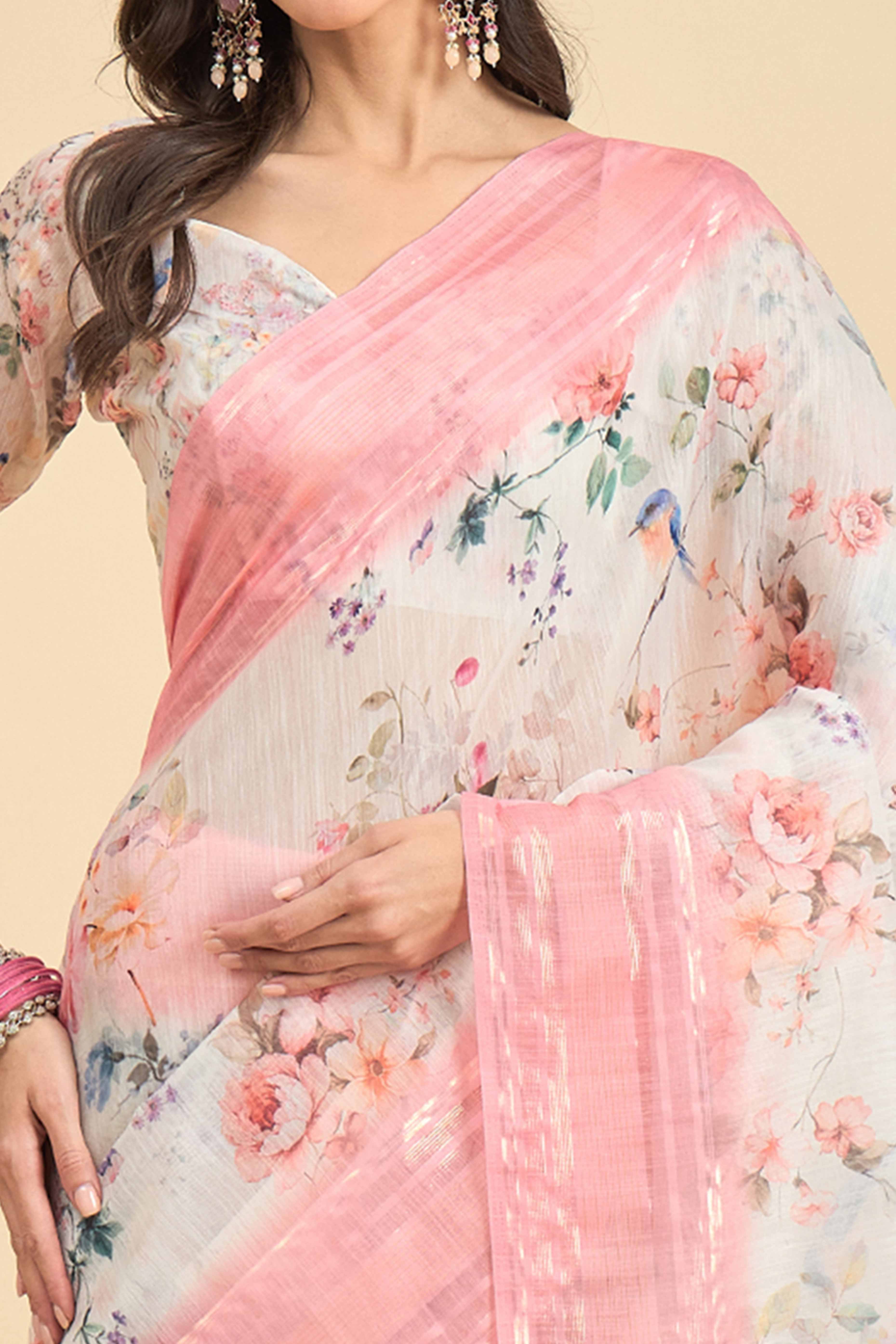 White & Gajari Pink Floral Printed Soft Linen Saree