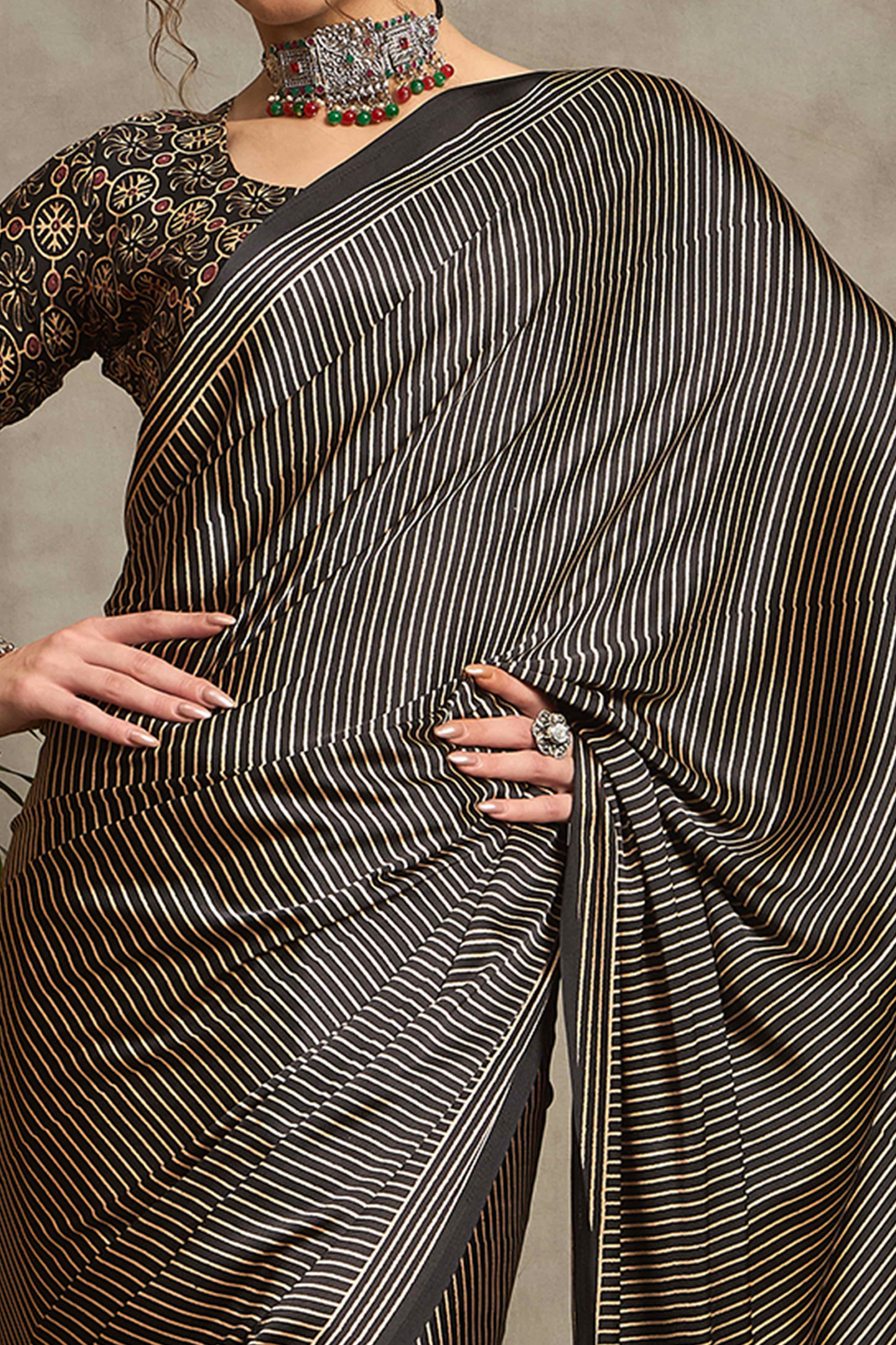 Black Ajrakh Print Satin Saree with Traditional Charm