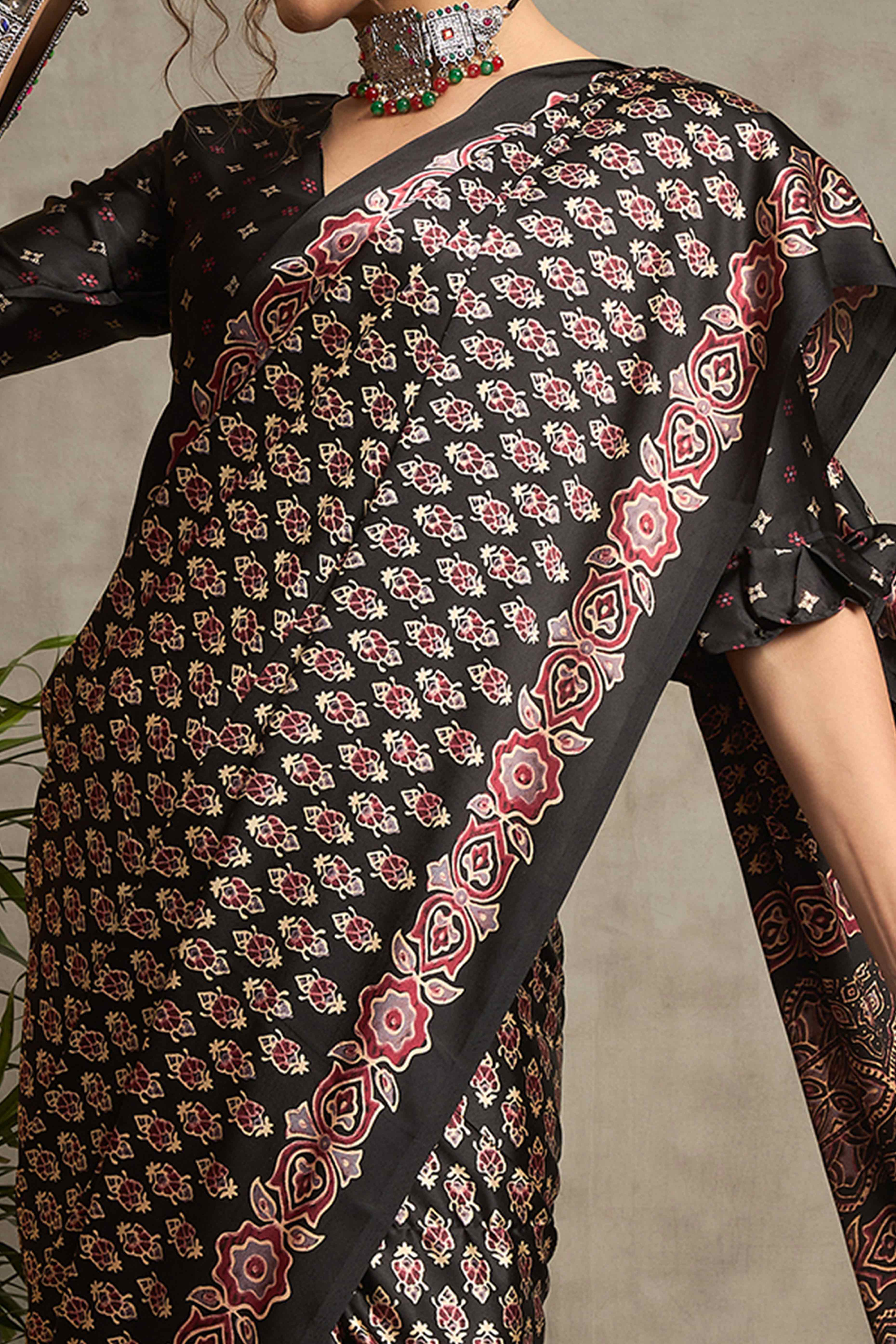 Black Ajrakh Print Satin Saree with Traditional Charm