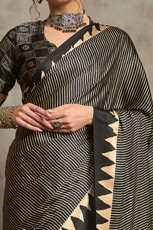 Black Ajrakh Print Satin Saree with Traditional Charm