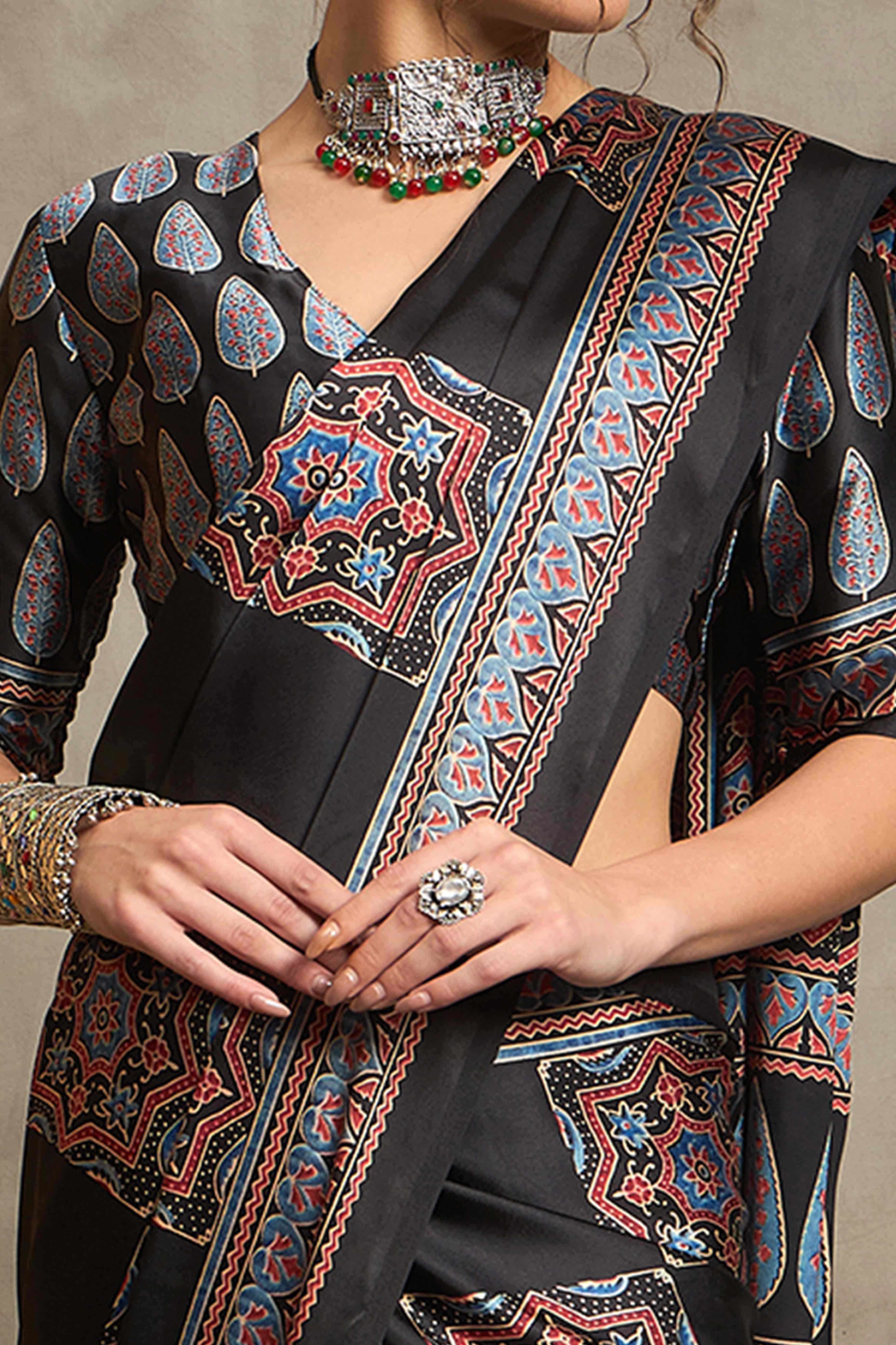 Black Ajrakh Print Satin Saree with Traditional Charm