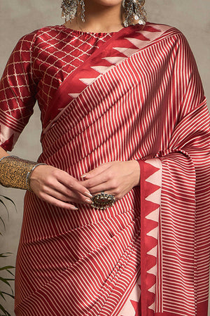 Maroon Ajrakh Print Satin Saree with Traditional Charm