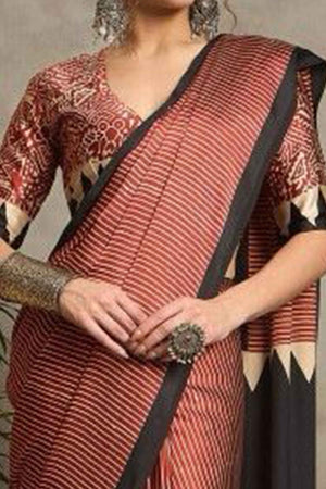 Maroon Ajrakh Print Satin Saree with Traditional Charm