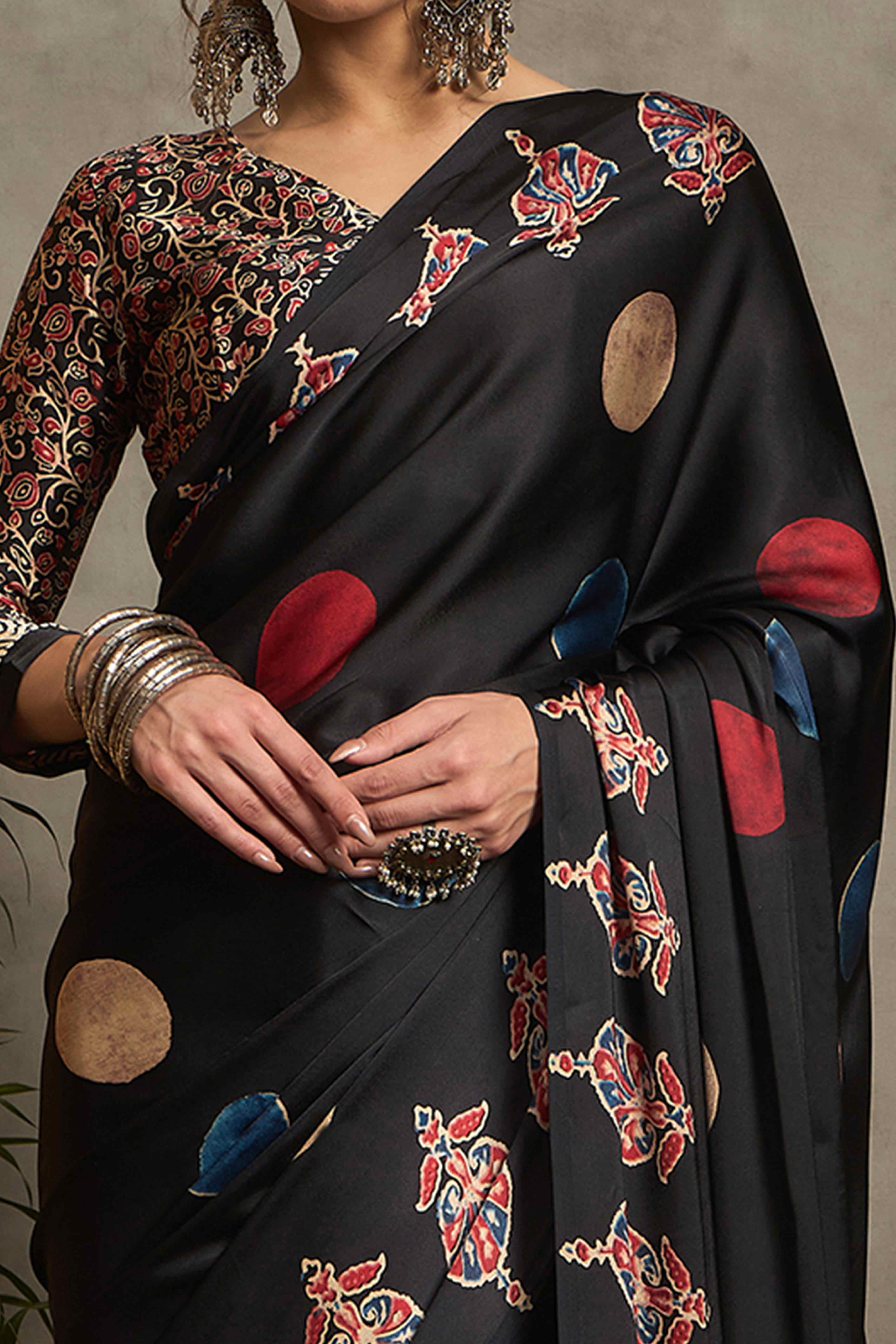 Black Ajrakh Print Satin Saree with Traditional Charm