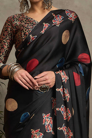 Black Ajrakh Print Satin Saree with Traditional Charm
