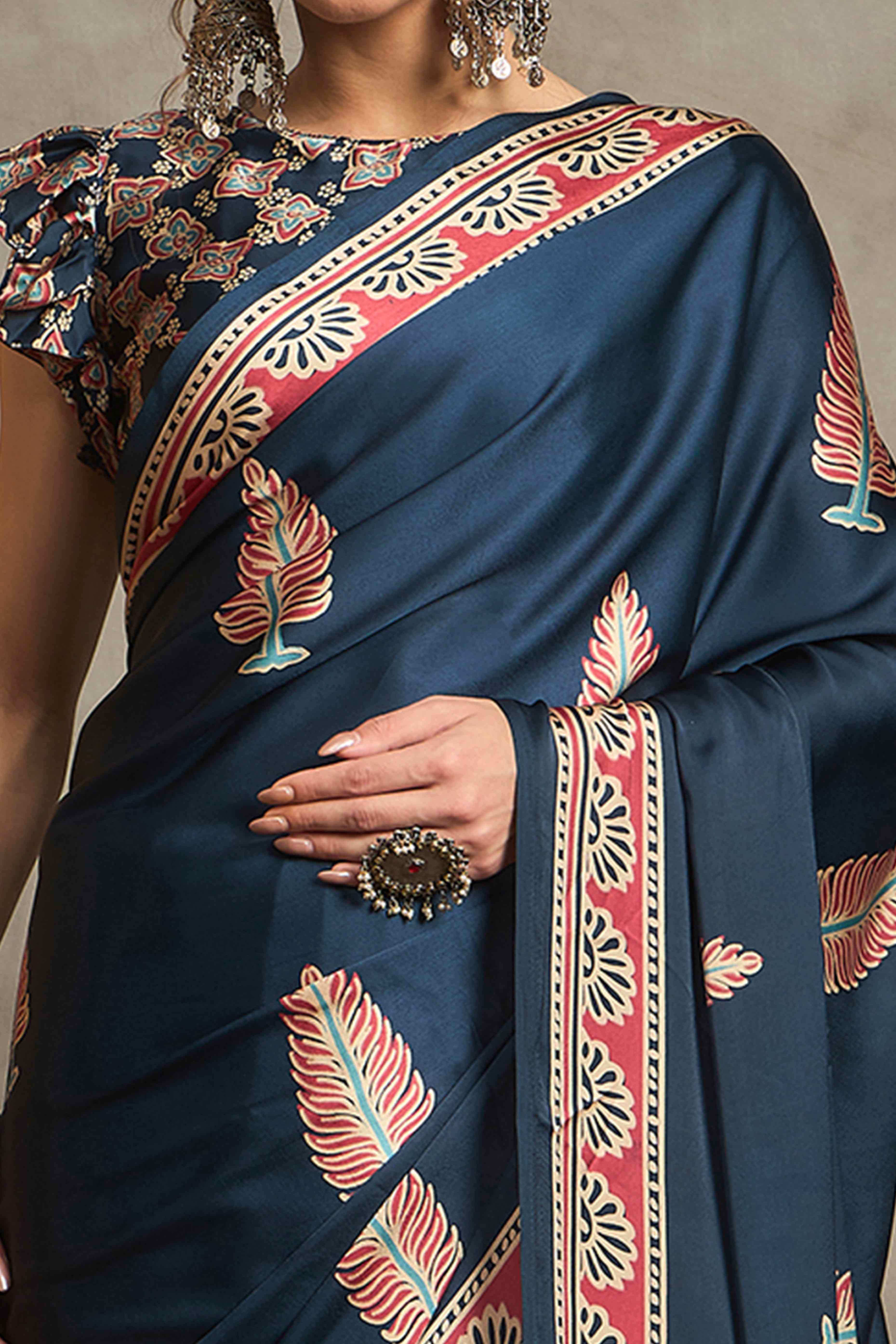 Teal Ajrakh Print Satin Saree with Traditional Charm