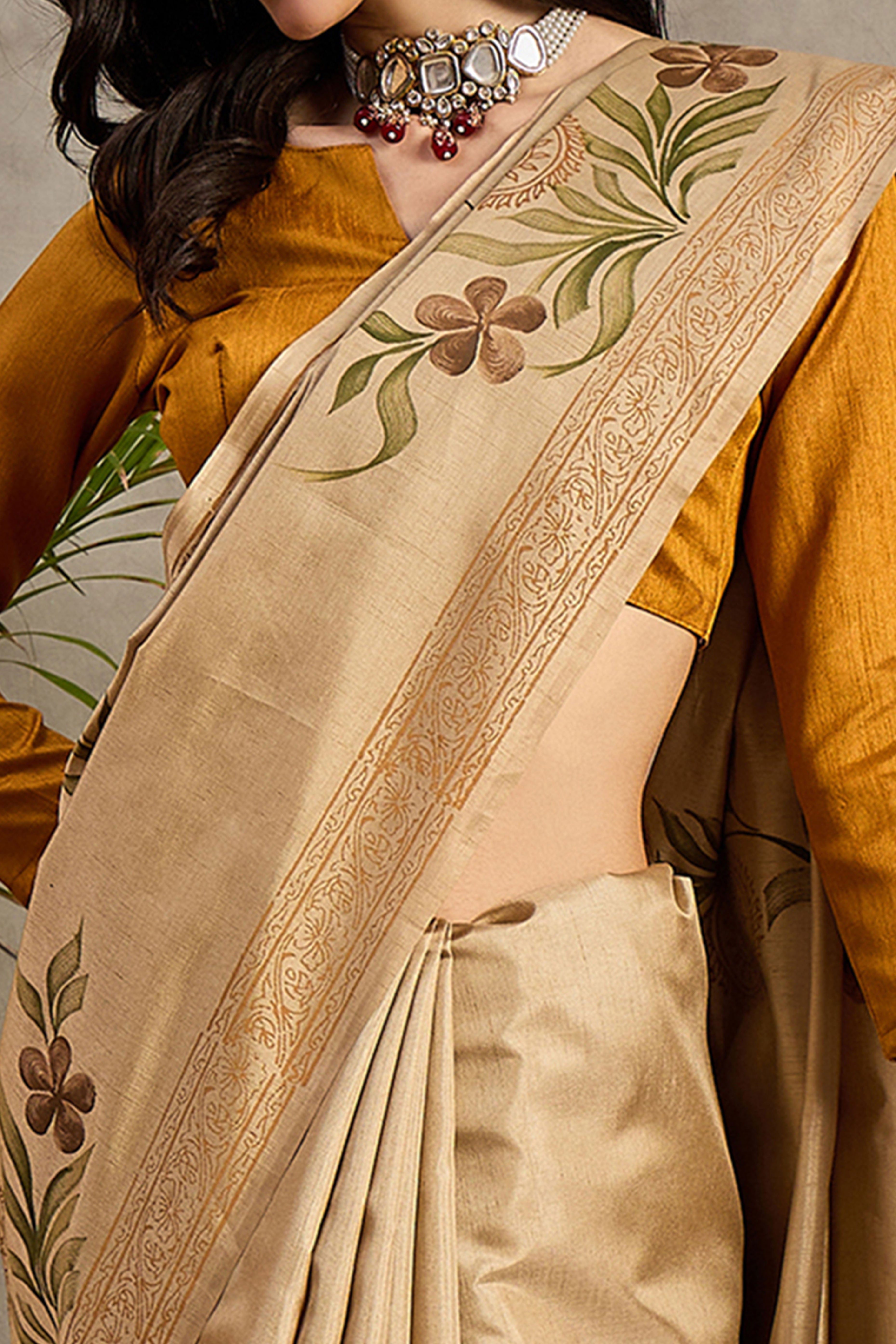 Elegant Beige Floral Print Kozi Cotton Silk Saree Accented With Graceful Tassel Pallu