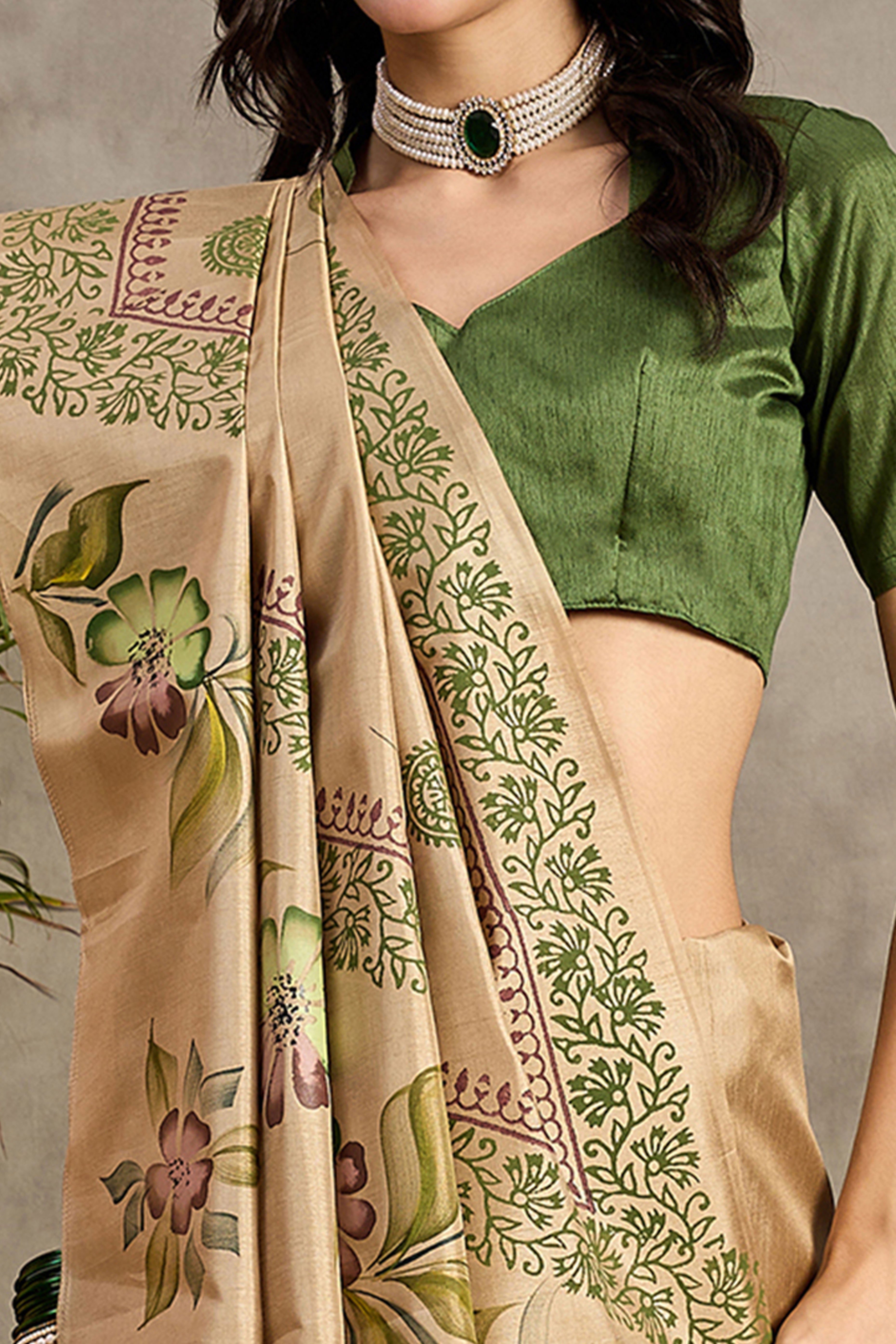 Beige Blossom Printed Kozi Cotton Silk Saree Adorned With Stylish Tassel Detailing Pallu