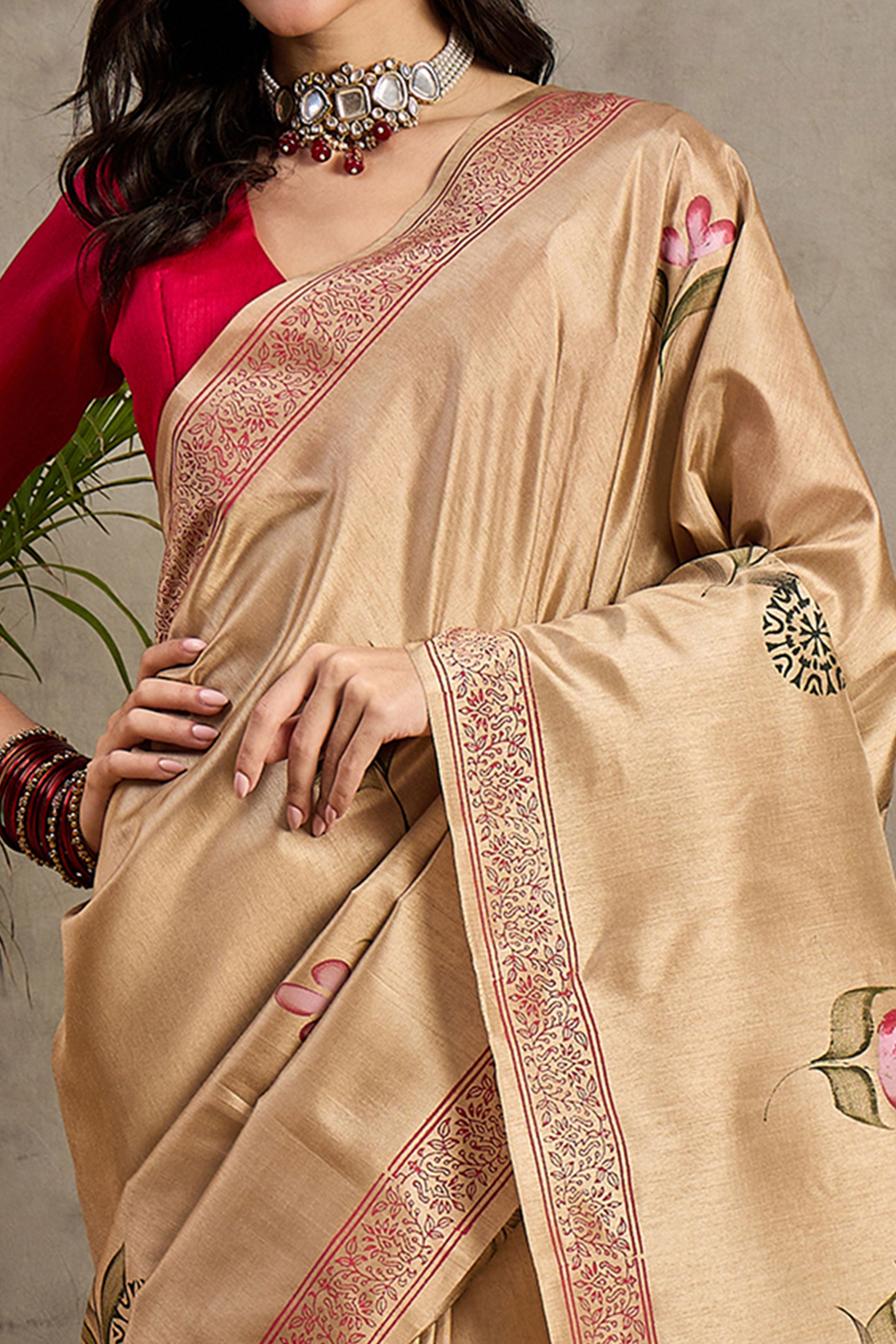 Beige Botanical Print Kozi Cotton Silk Saree Embellished With Elegant Tassel Edges