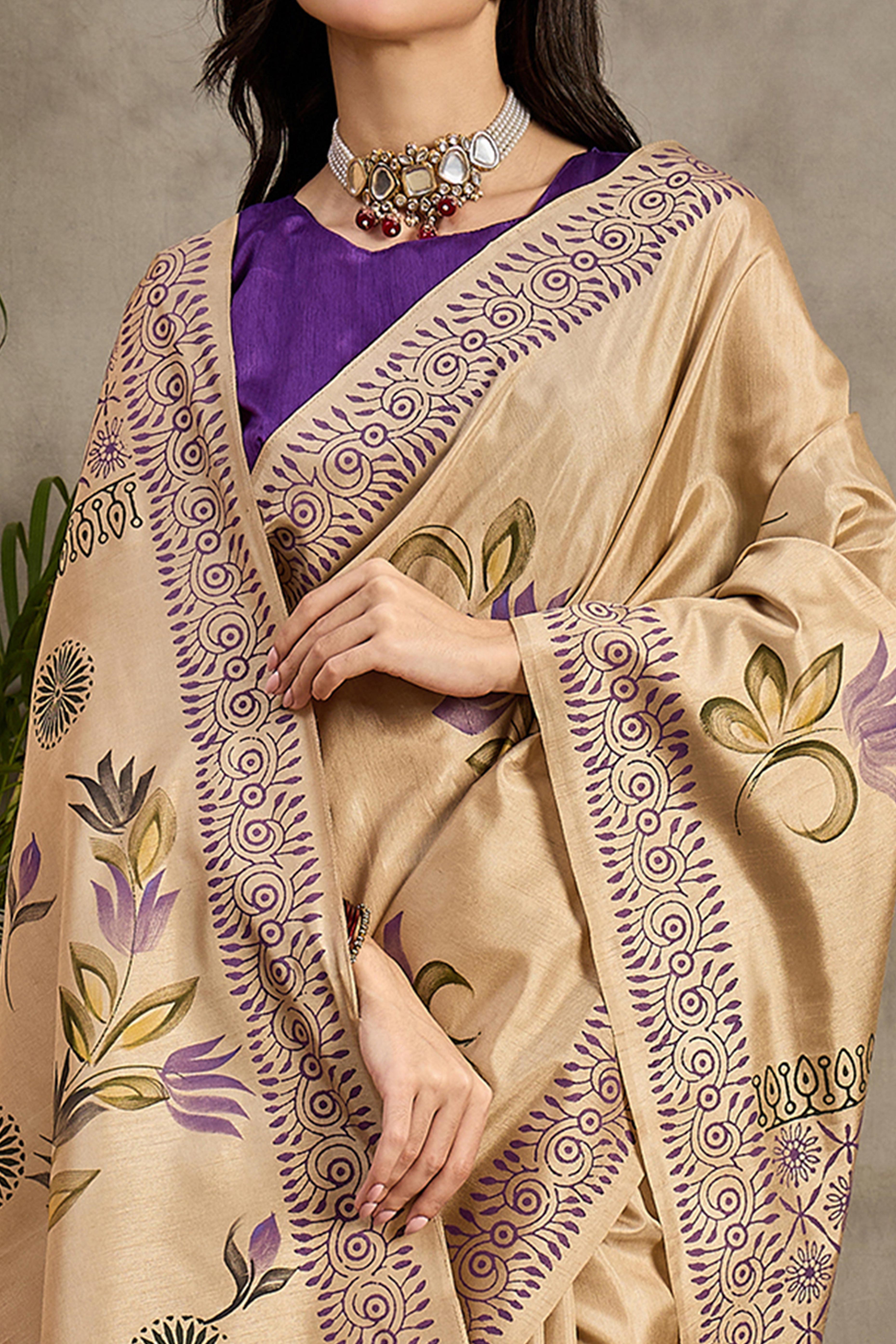 Timeless Beige Floral Printed Kozi Cotton Silk Saree Enhanced With Playful Tassel Pallu