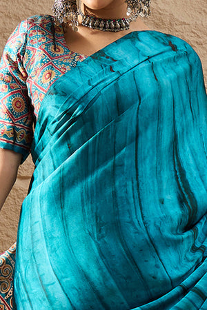 Ajrakh Print Teal Satin Saree with Ethnic Appeal