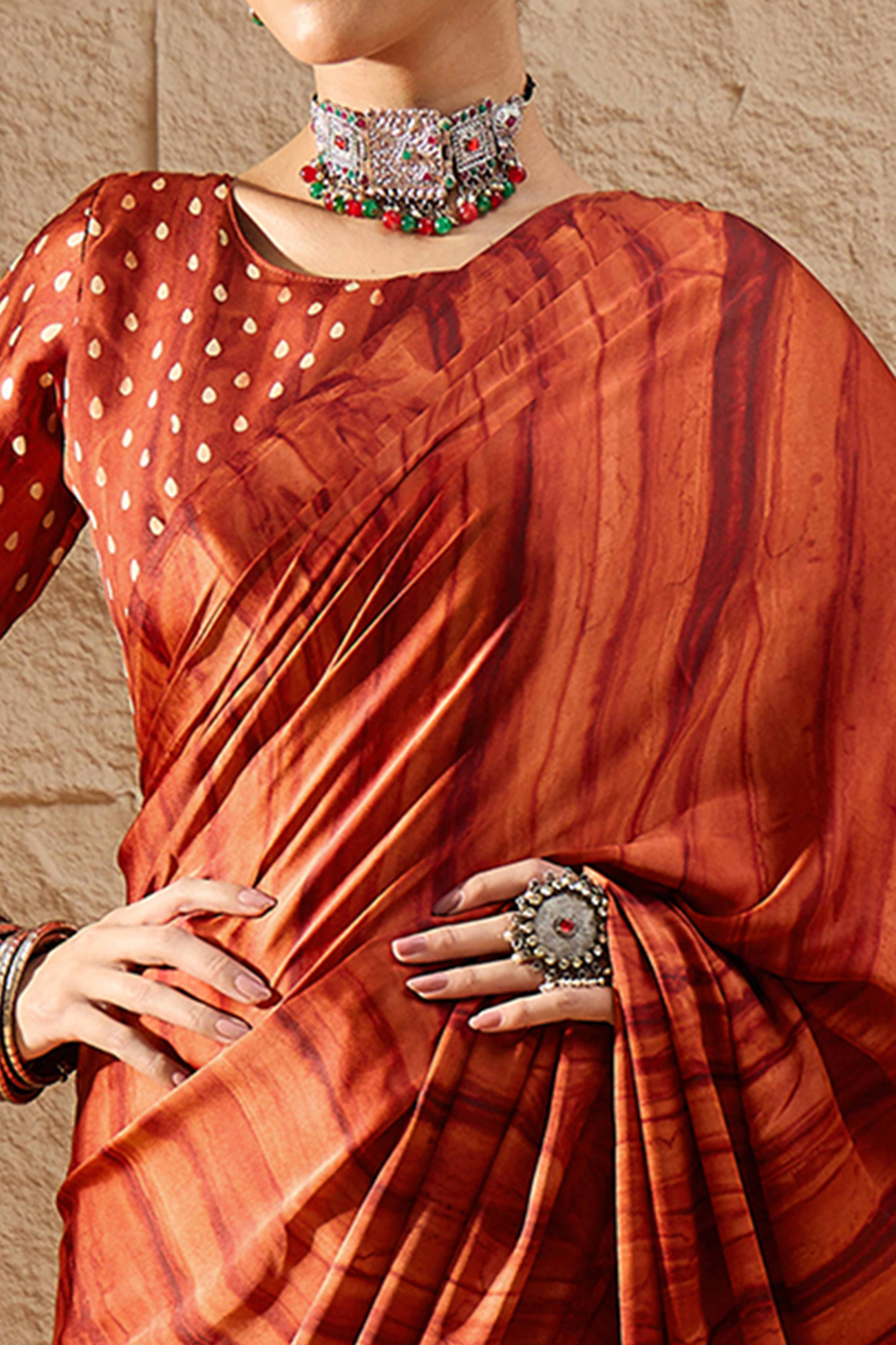 Ajrakh Print Rust Satin Saree with Ethnic Appeal