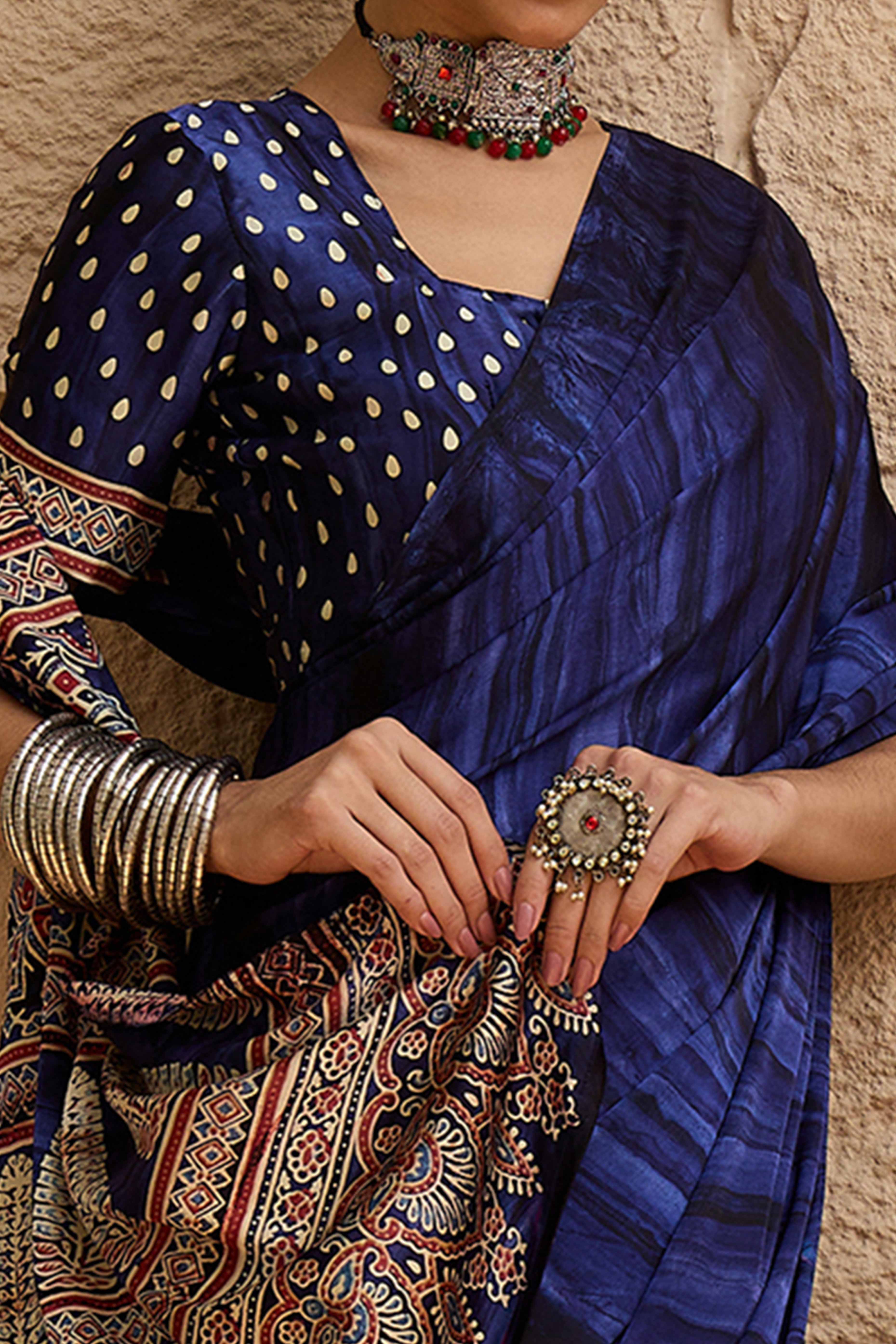 Ajrakh Print Violet Satin Saree with Ethnic Appeal