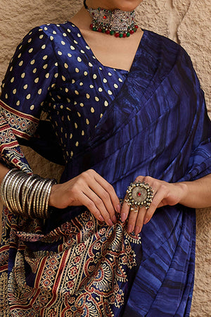 Ajrakh Print Violet Satin Saree with Ethnic Appeal
