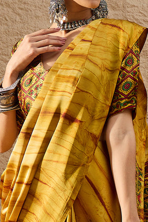 Ajrakh Print Mustard Satin Saree with Ethnic Appeal