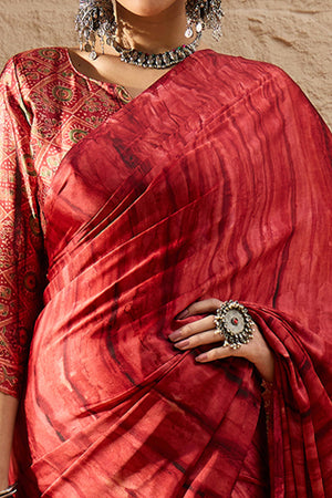Ajrakh Print Red Satin Saree with Ethnic Appeal