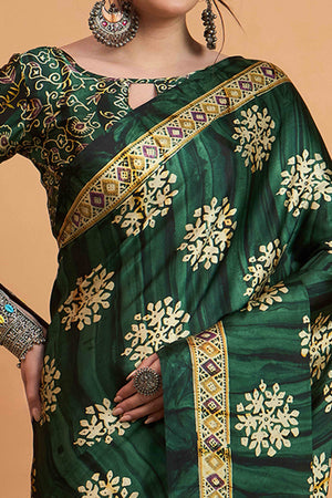 Green Floral Ajrakh & Batik Print Saree In Luxurious Modal Satin With Tassel Pallu