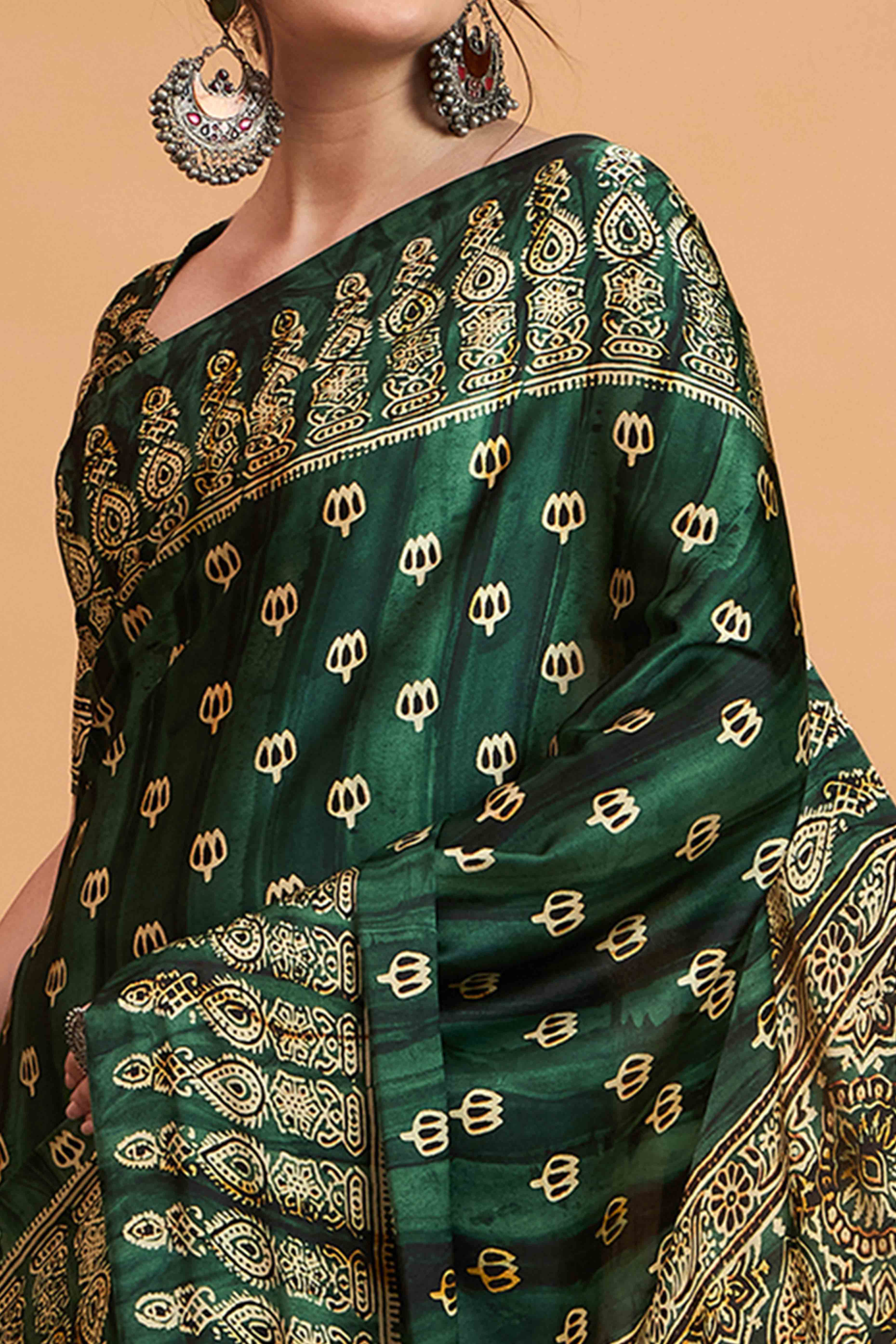 Green Floral Ajrakh & Batik Print Saree In Luxurious Modal Satin With Tassel Pallu