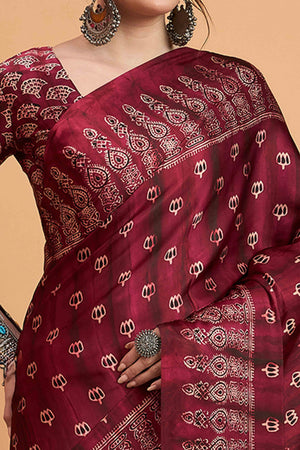 Pink Floral Ajrakh & Batik Print Saree In Luxurious Modal Satin With Tassel Pallu