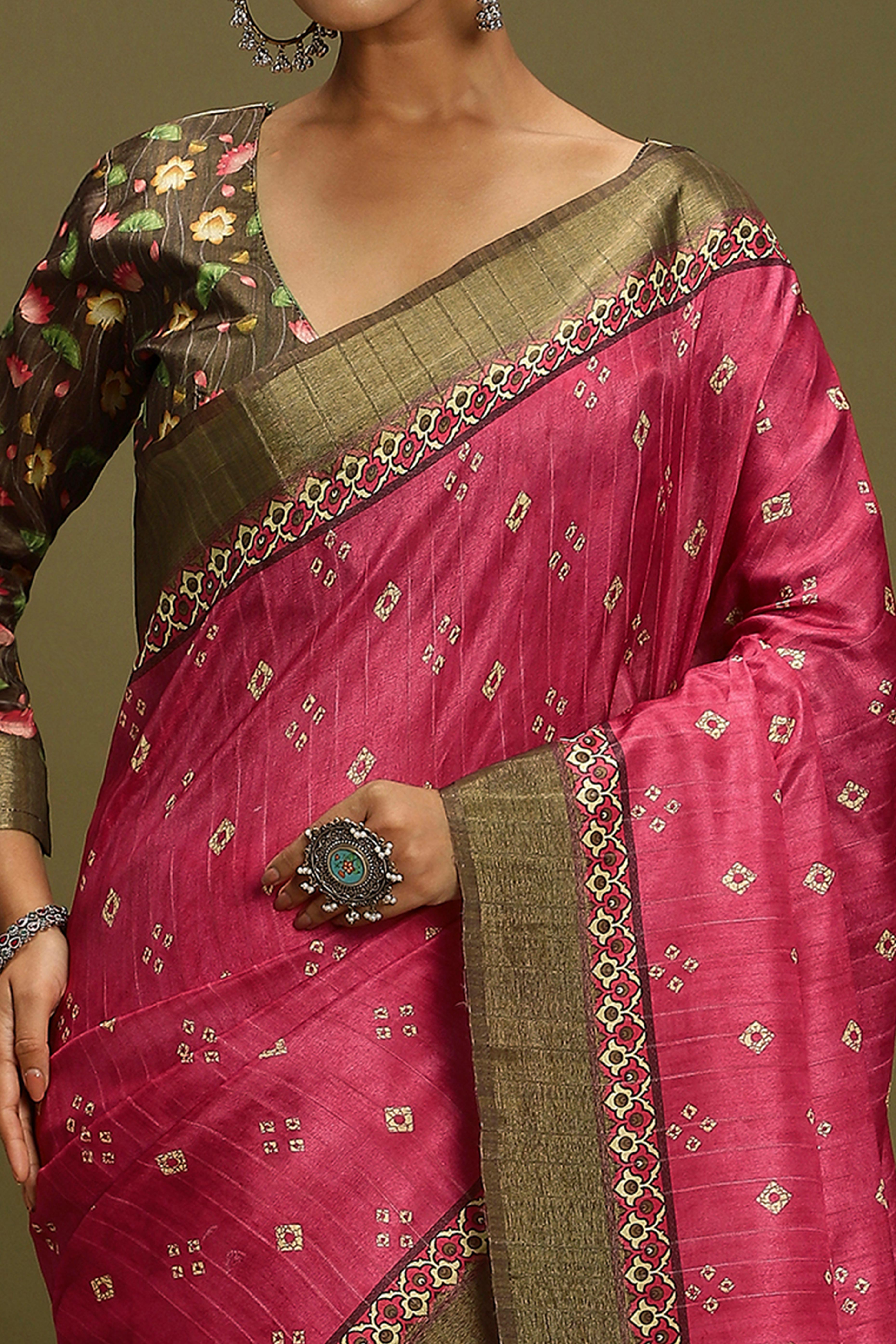 Dark Pink Silk Blend Saree Decorated with Vibrant Bandhani Prints and Festive Detailing
