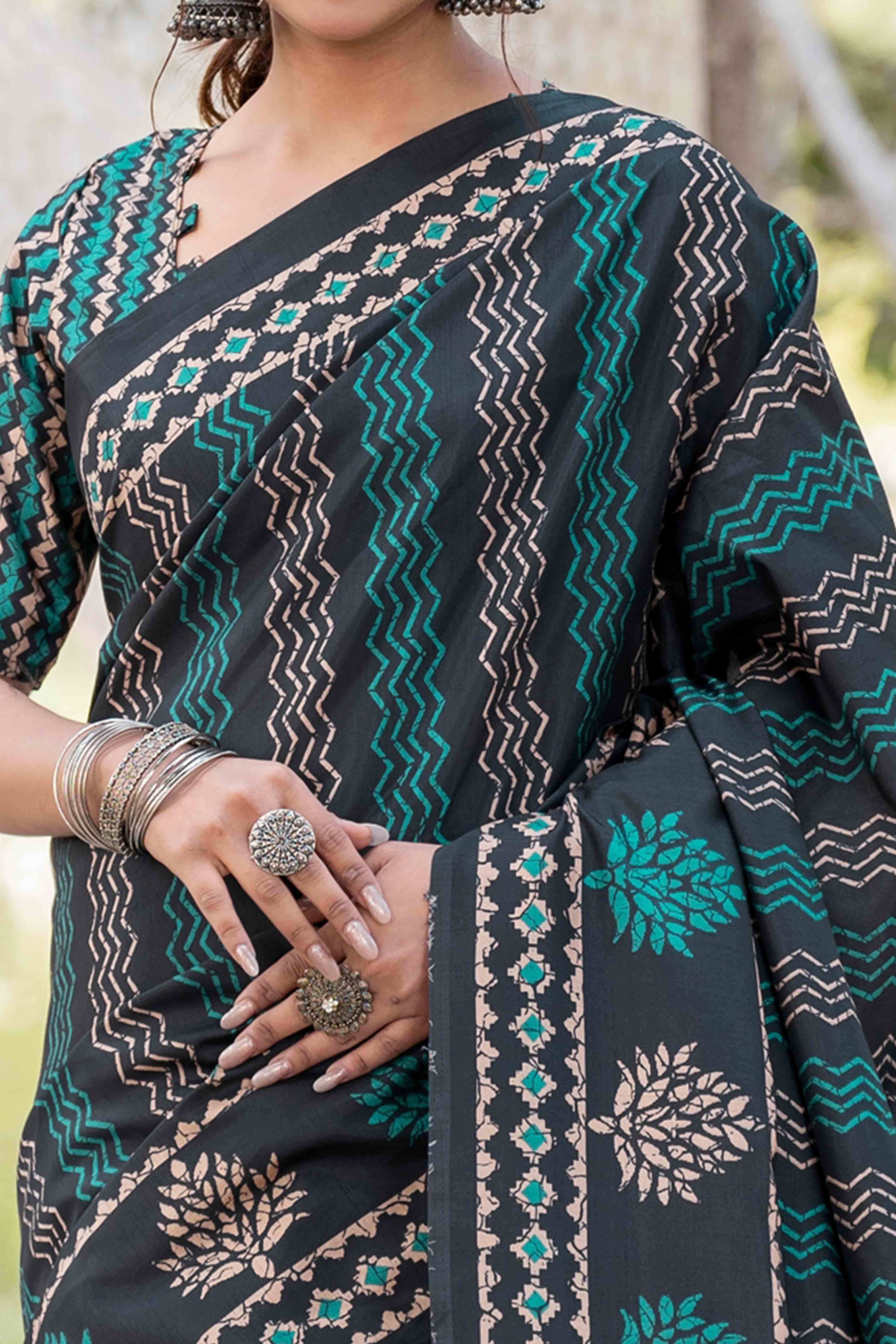 Authentic Handblock Printed Black & Green Cotton Silk Saree