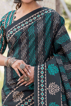 Authentic Handblock Printed Black & Green Cotton Silk Saree