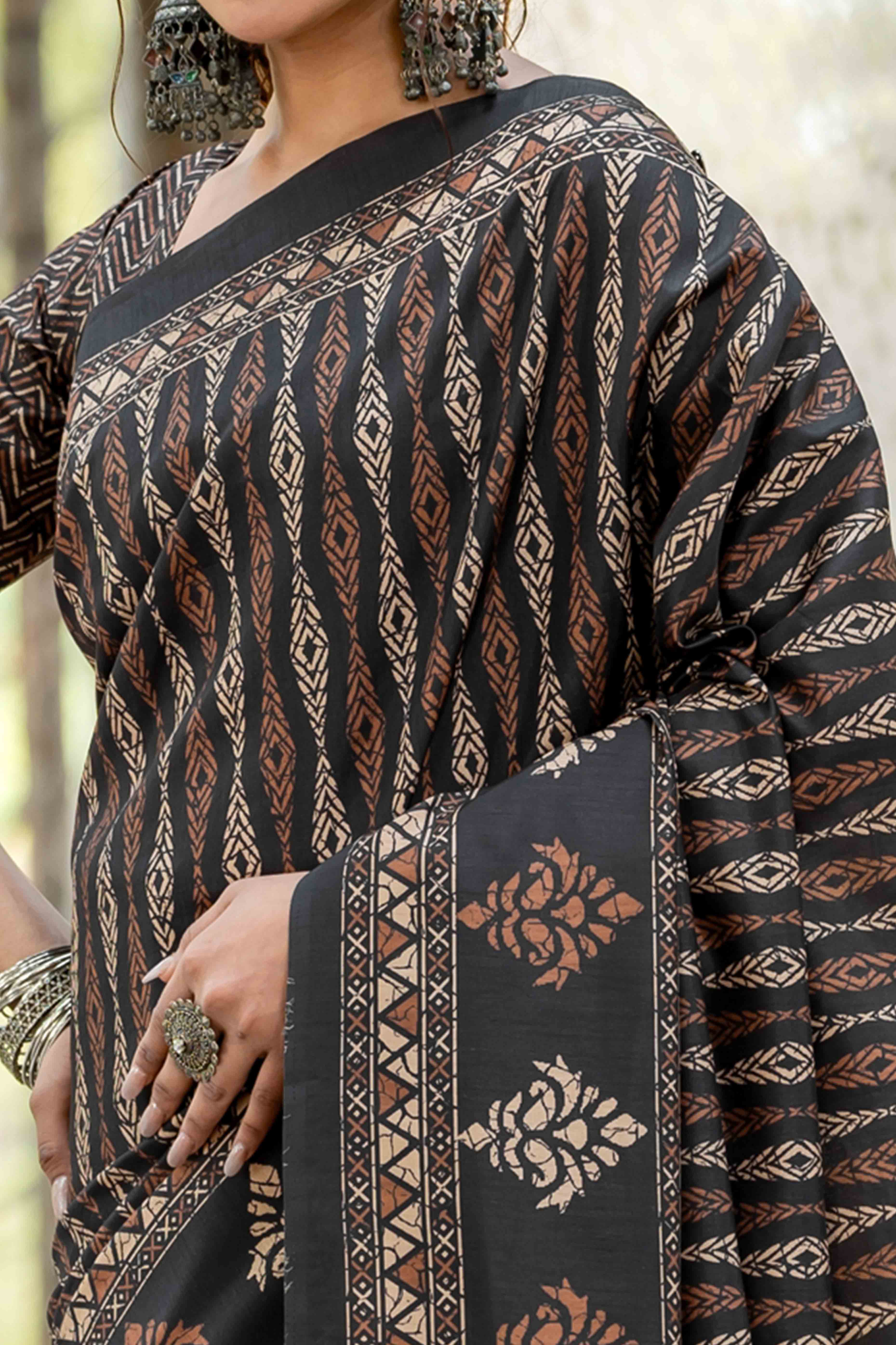 Authentic Handblock Printed Black & Cream Cotton Silk Saree