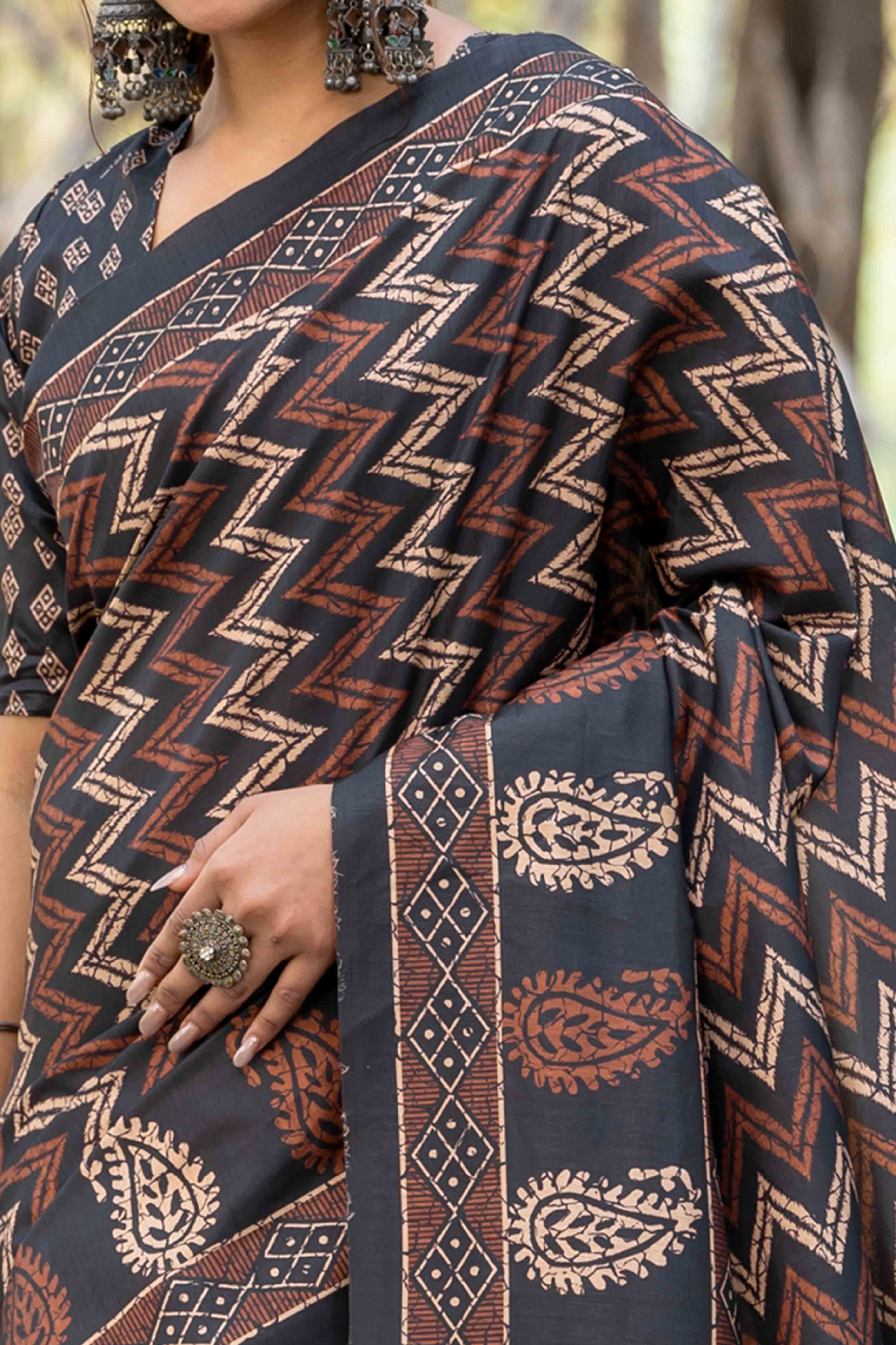 Authentic Handblock Printed Black & Cream Cotton Silk Saree