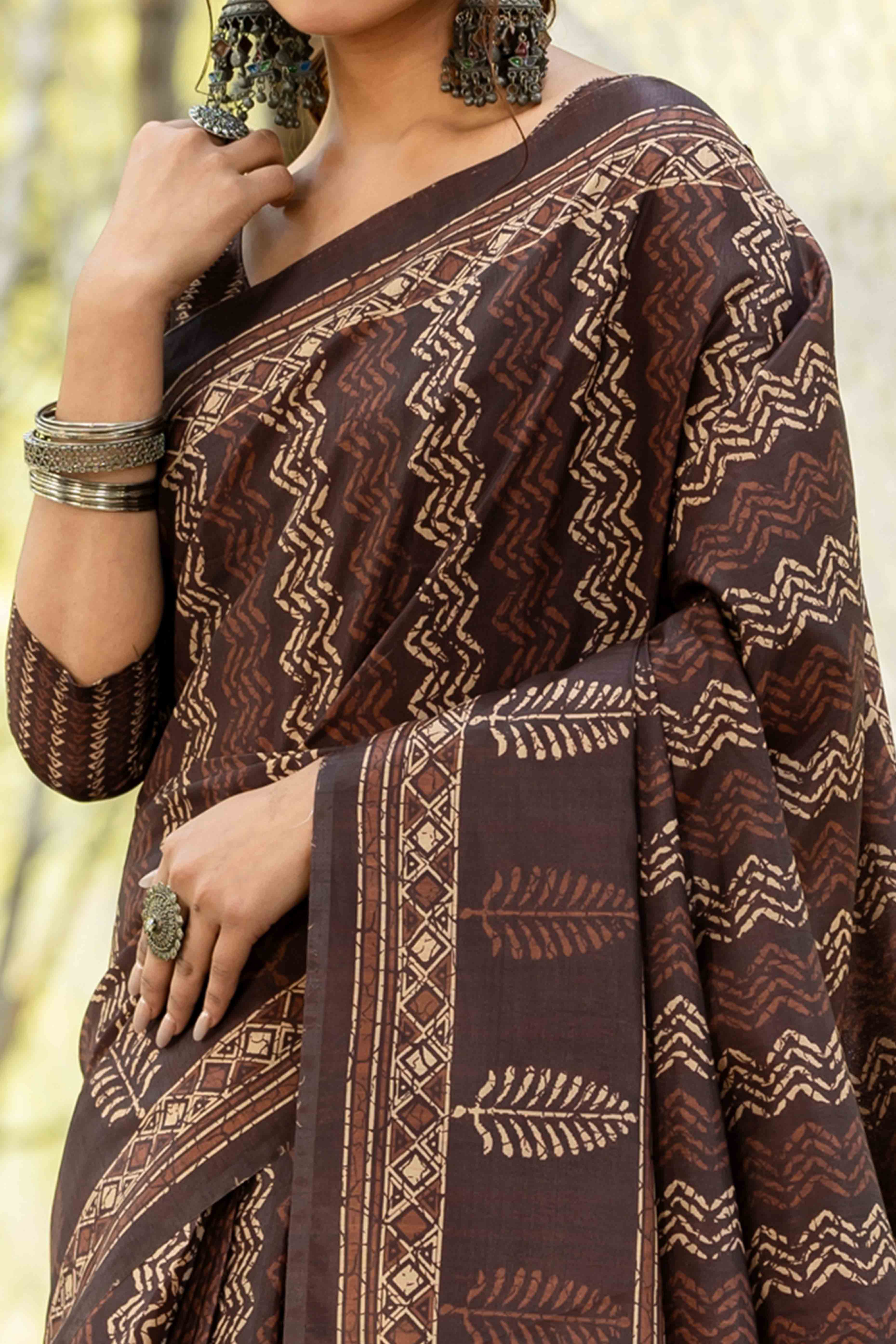 Authentic Handblock Printed Brown Cotton Silk Saree