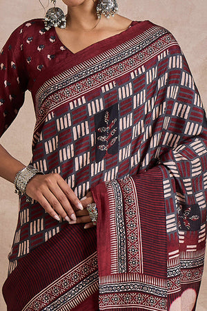 Maroon Dola Silk Saree Featuring Heritage Ajrakh Prints for Celebratory Occasions