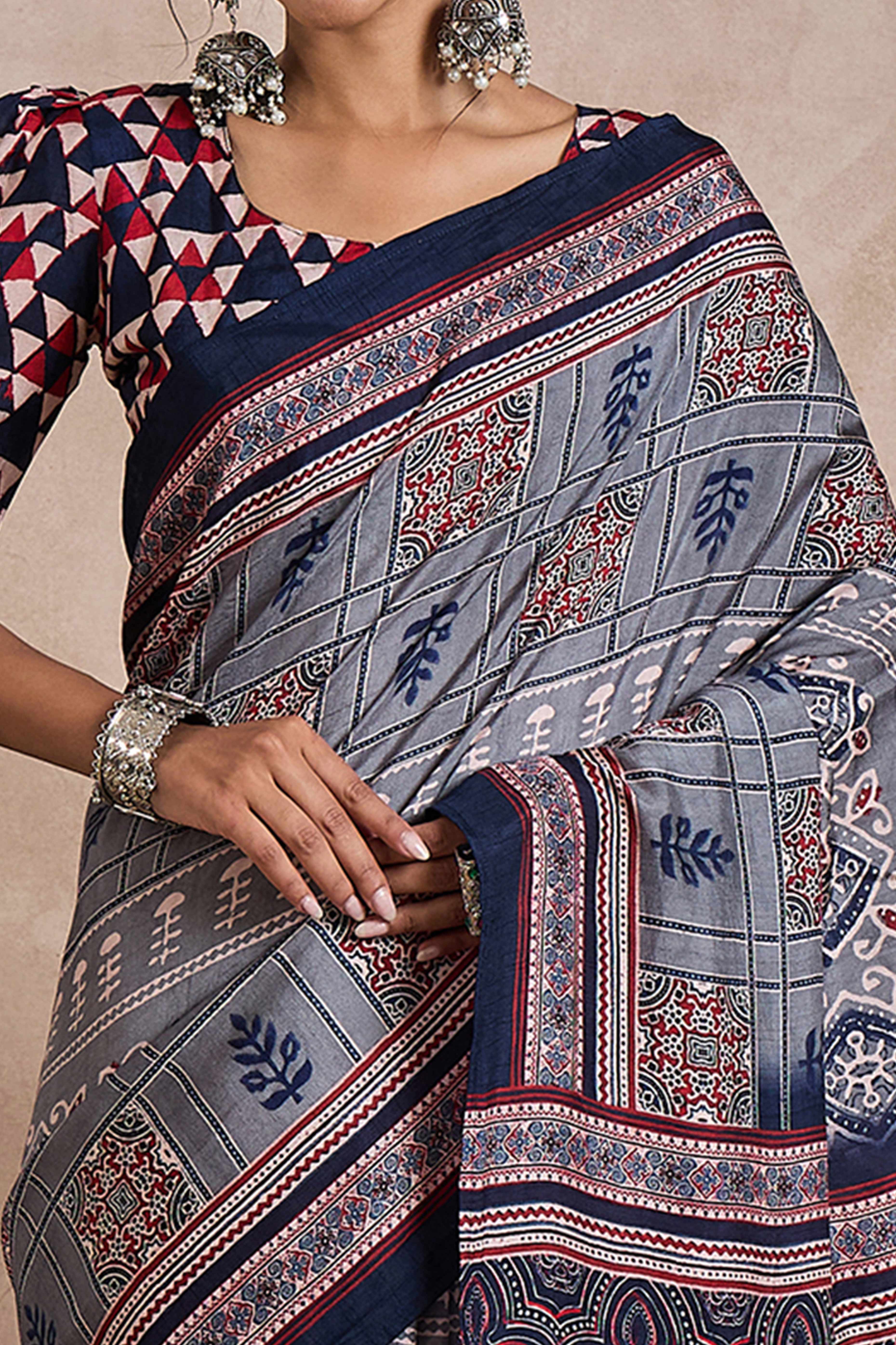 Grey Dola Silk Saree Featuring Heritage Ajrakh Prints for Celebratory Occasions