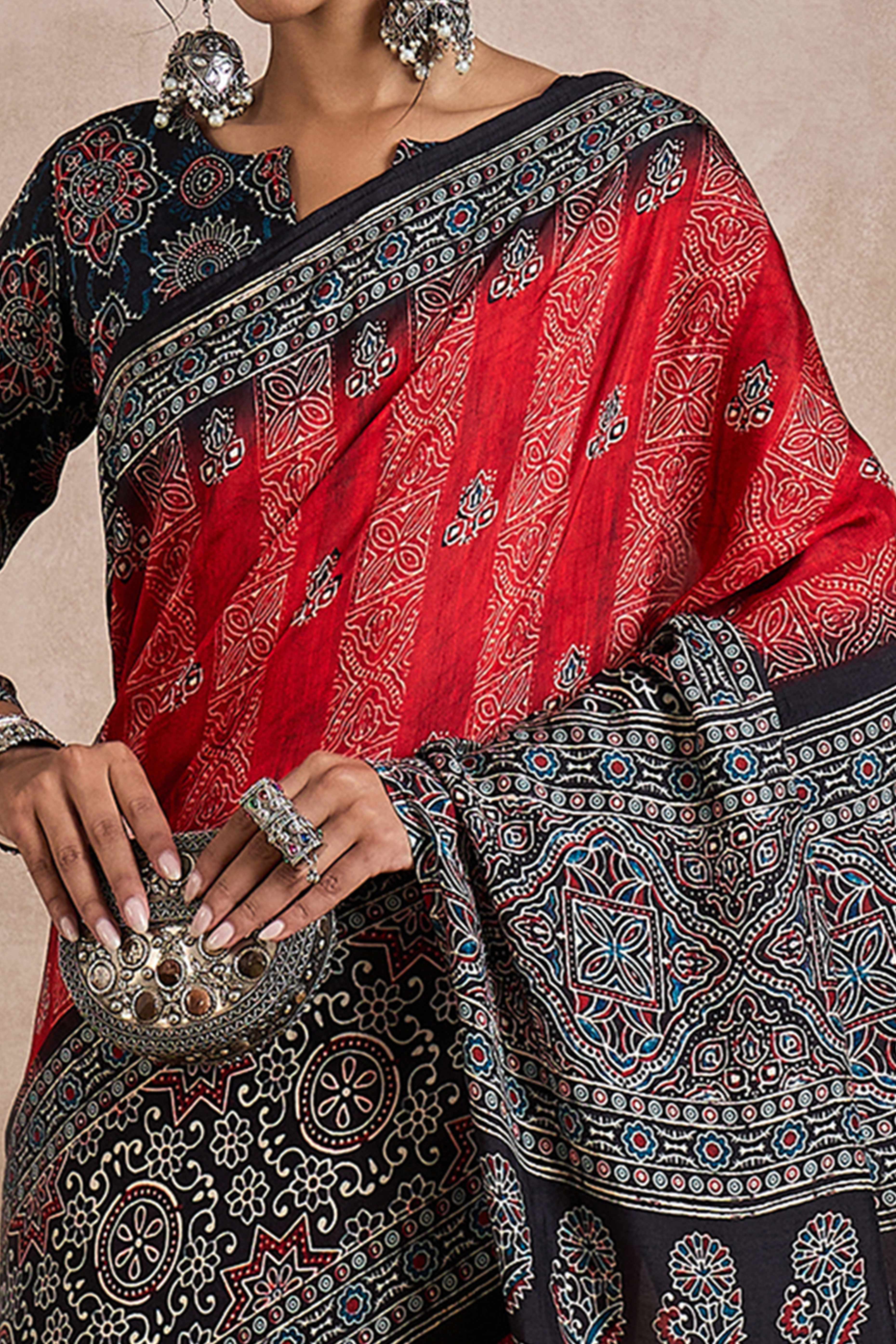 Red Dola Silk Saree Featuring Heritage Ajrakh Prints for Celebratory Occasions