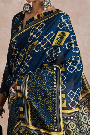 Blue Dola Silk Saree Featuring Heritage Ajrakh Prints for Celebratory Occasions