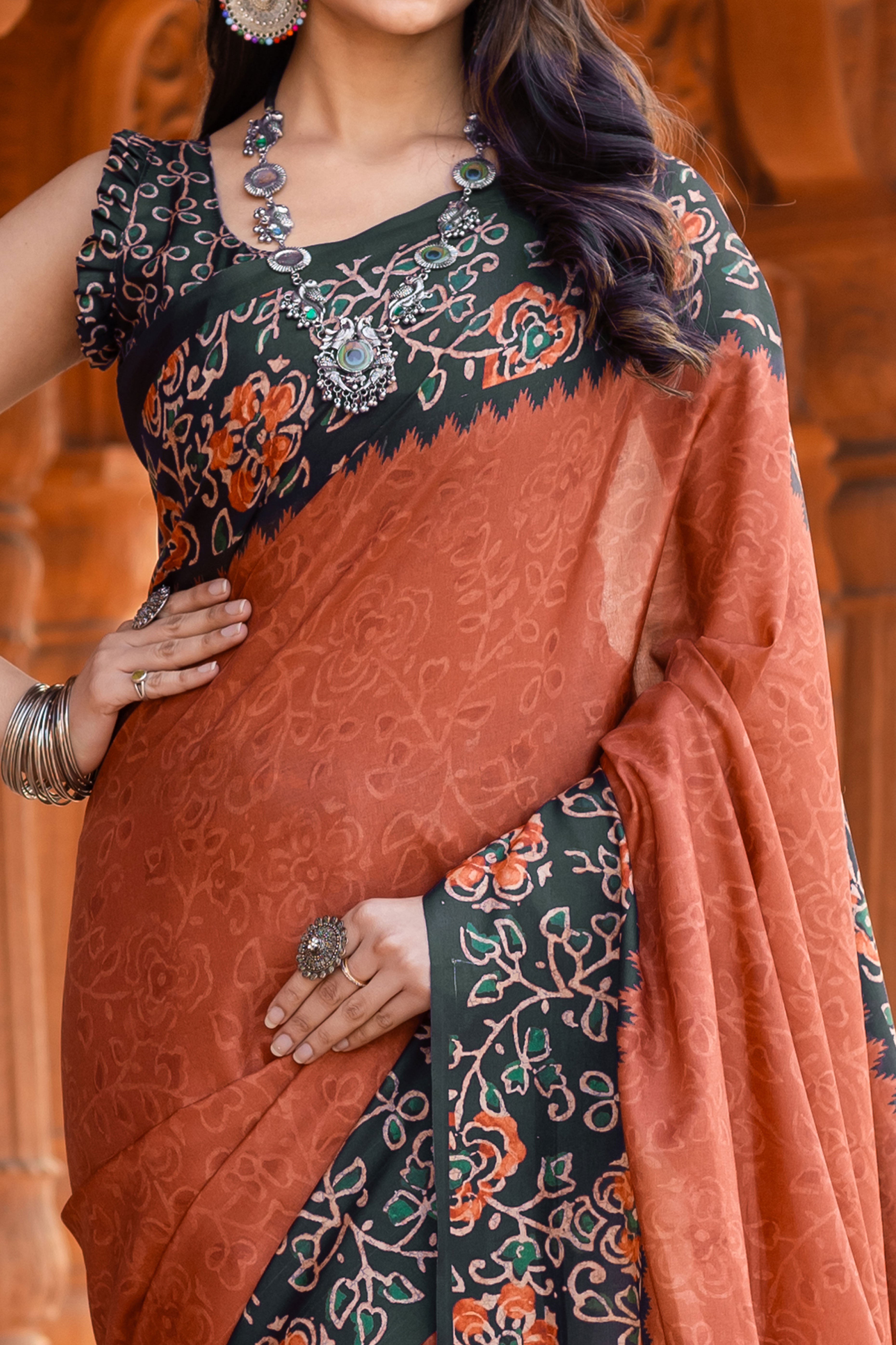 Graceful Rust Floral Printed Manipuri Cotton Silk Saree Showcasing Timeless Elegance