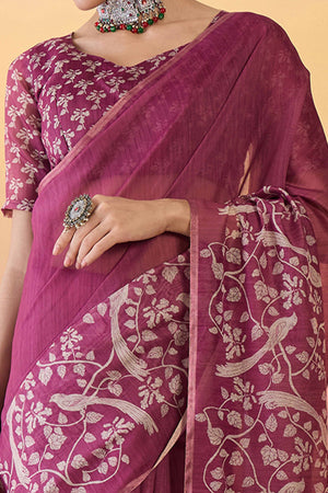 Magenta Linen Cotton Saree Featuring Elegant Floral & Bird Prints With Tassel Pallu